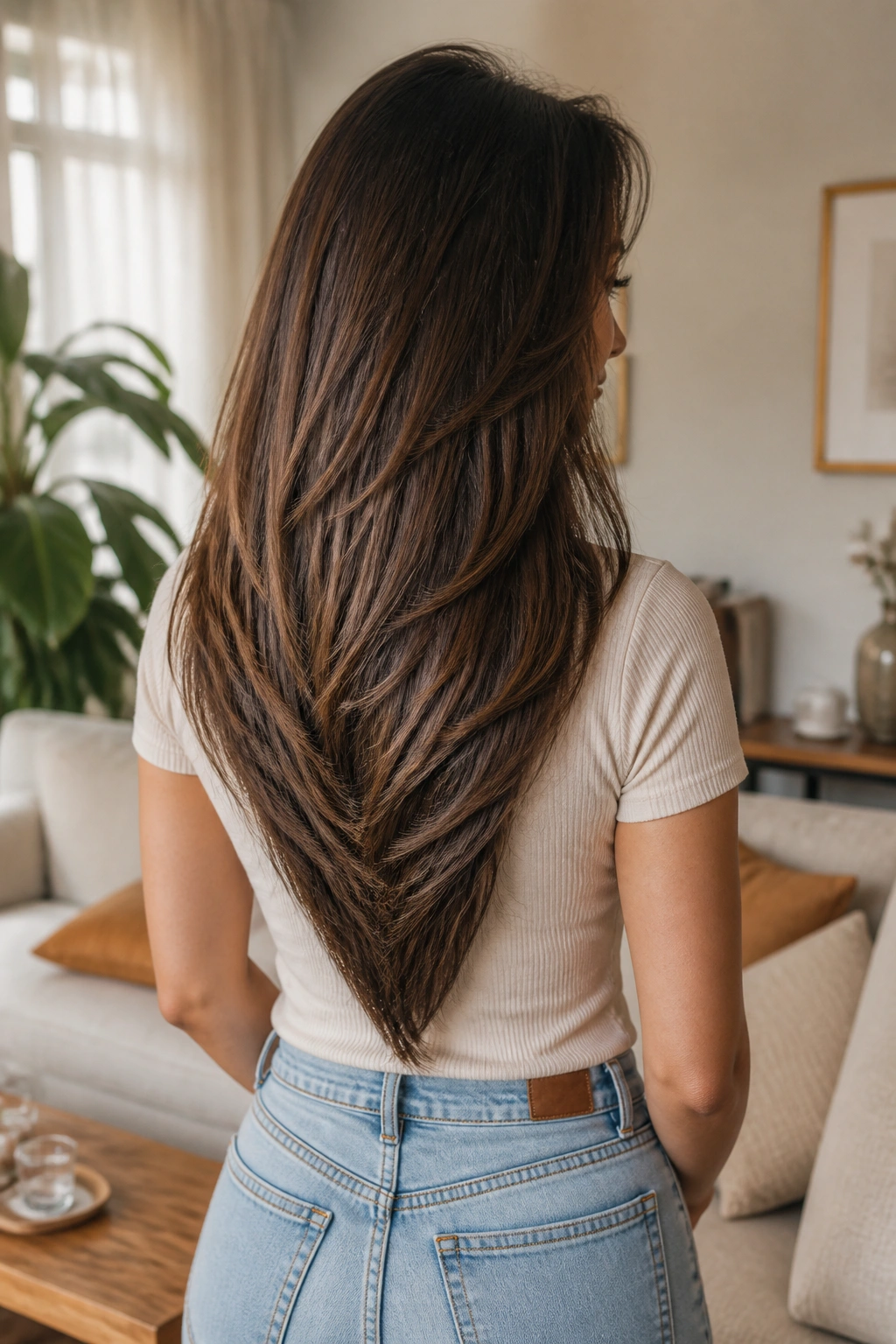 Back view of a real woman's head showing V-cut layers with a soft back point in warm daylight