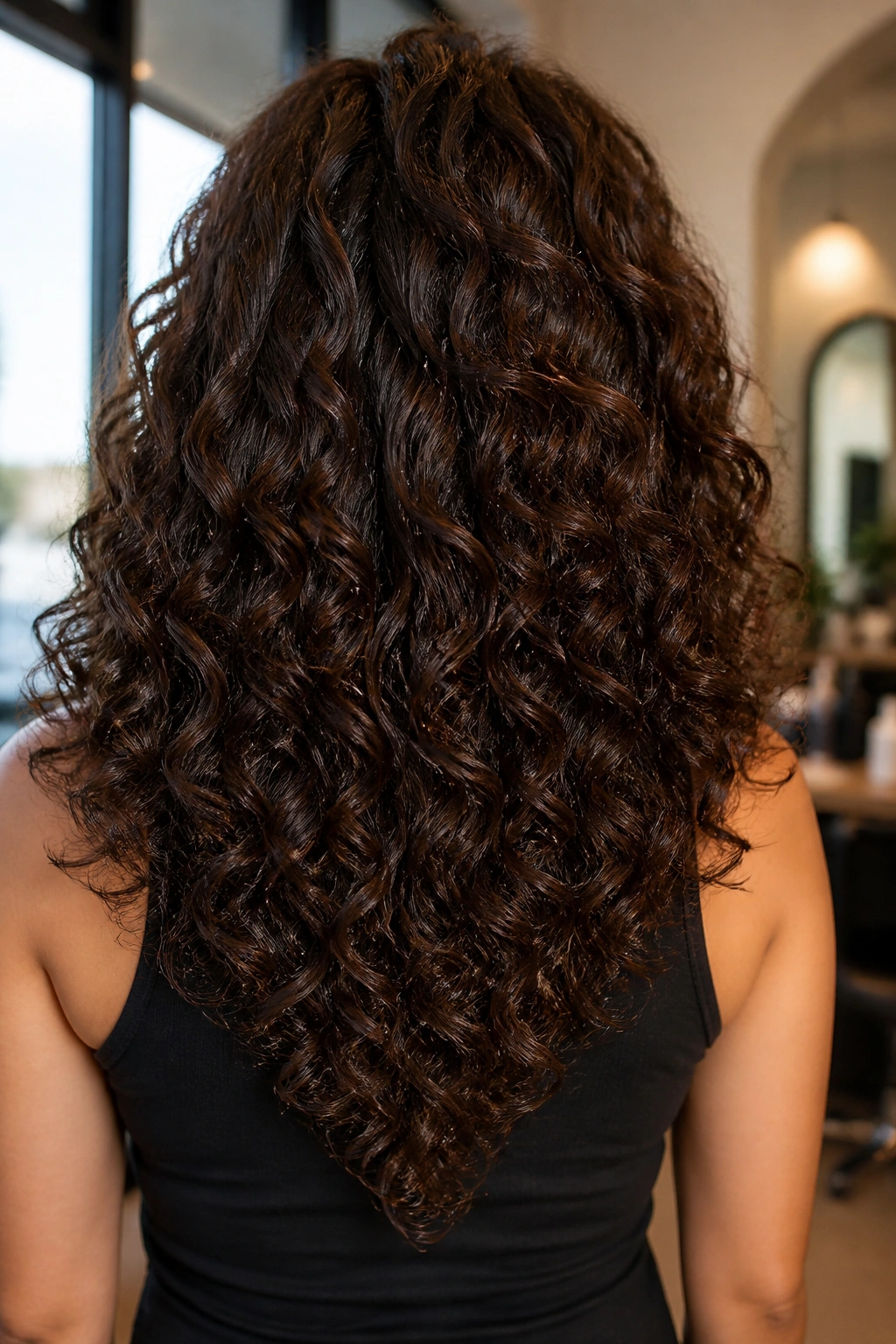 Back view of real woman with soft V-cut layered curls, silhouette narrows at the back