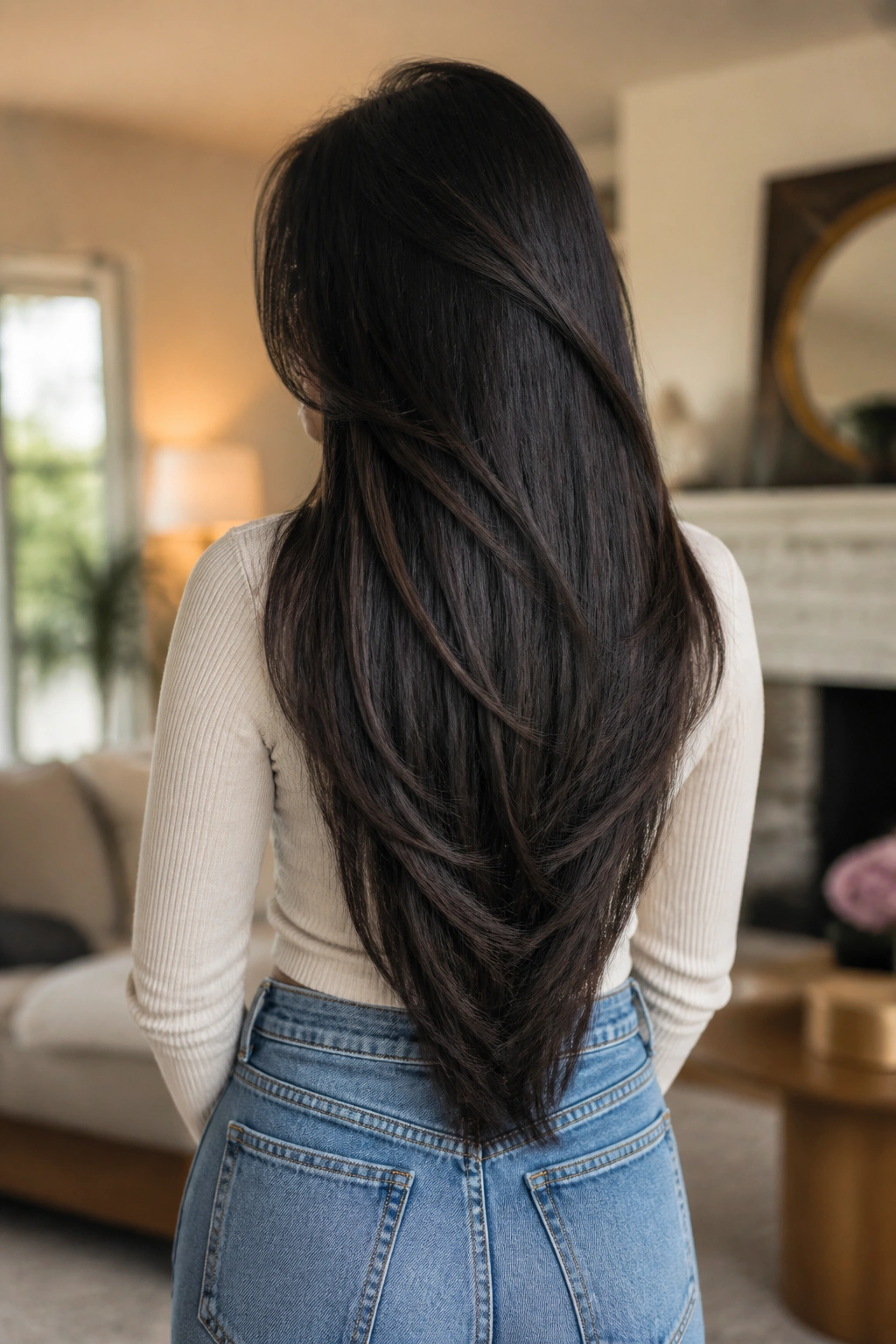 Back view of real woman displaying V-cut layers keeping length in the back.