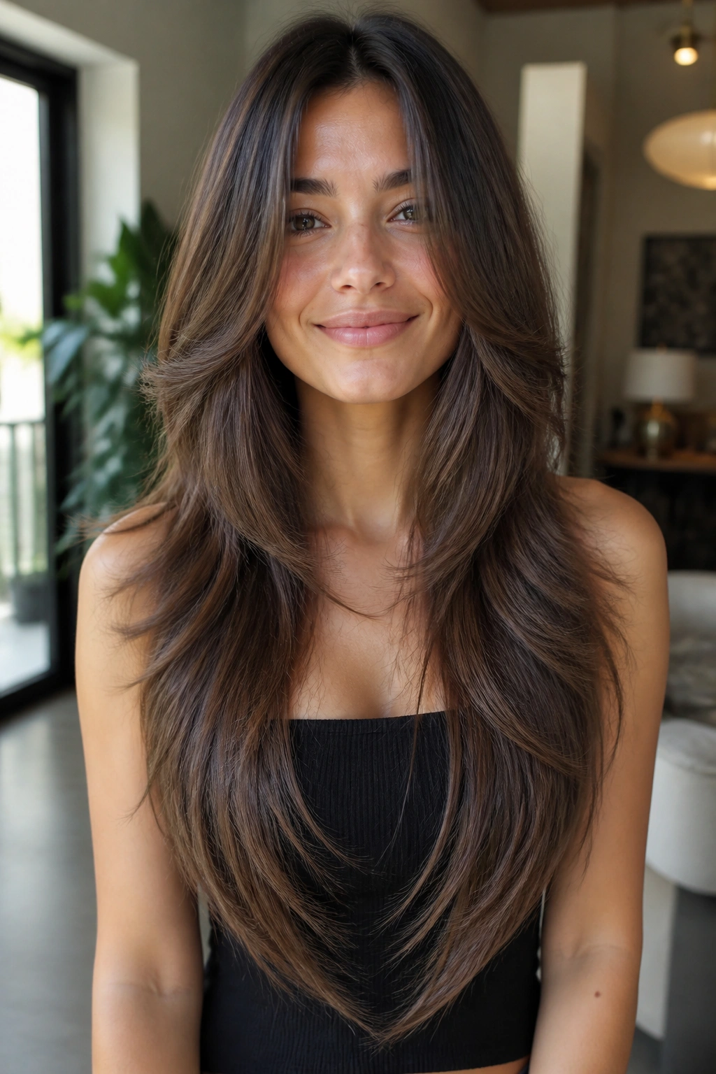 Close-up portrait of a real woman with V-cut cascading layers