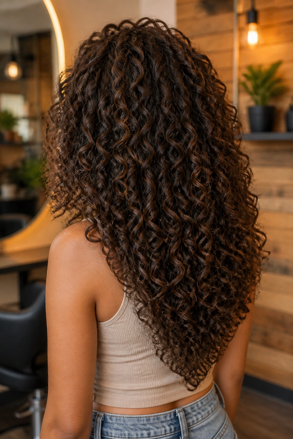 Back of head view of a woman with V-cut layers in dense curls.