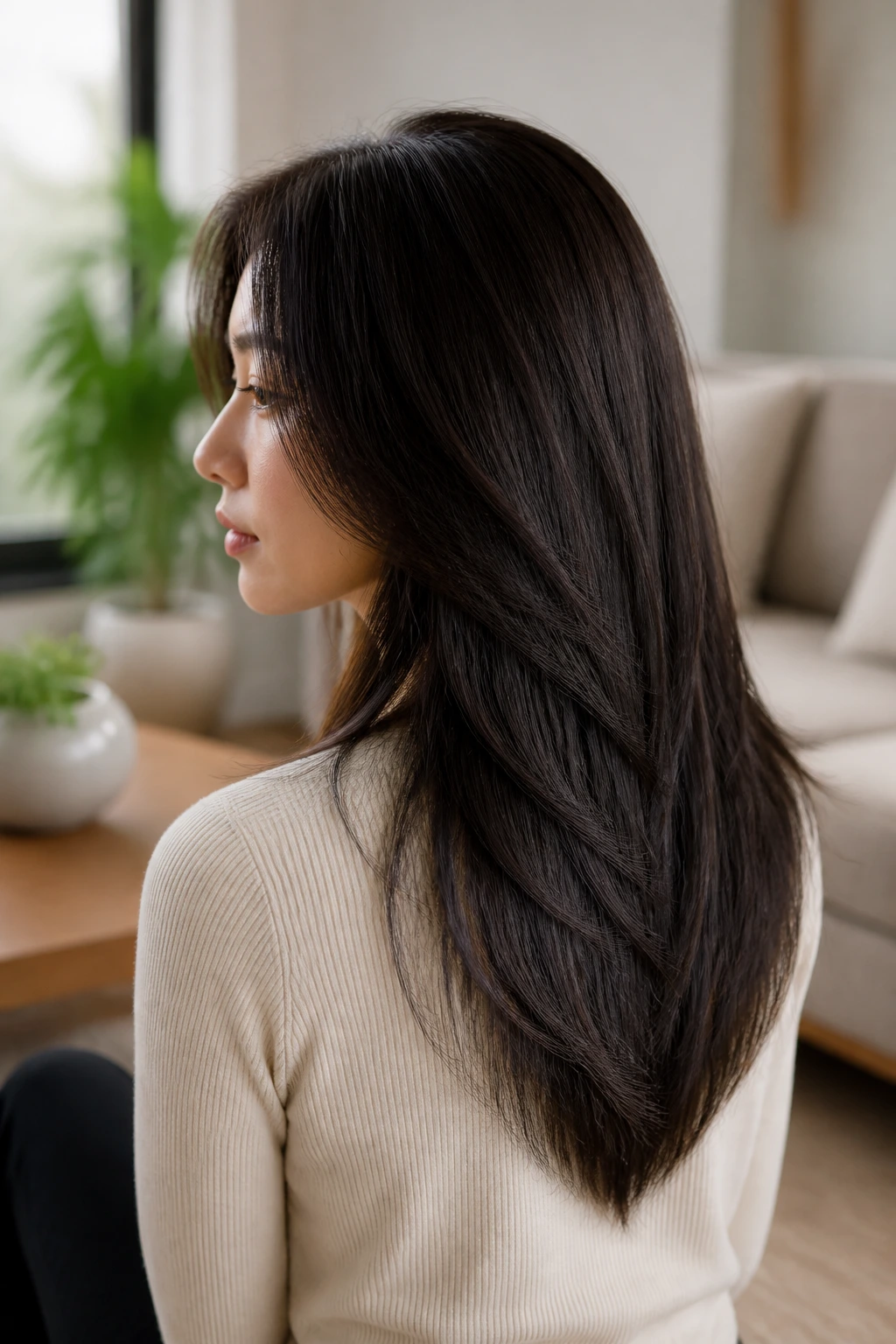 Close-up profile of a real woman with V-cut layers and dense ends