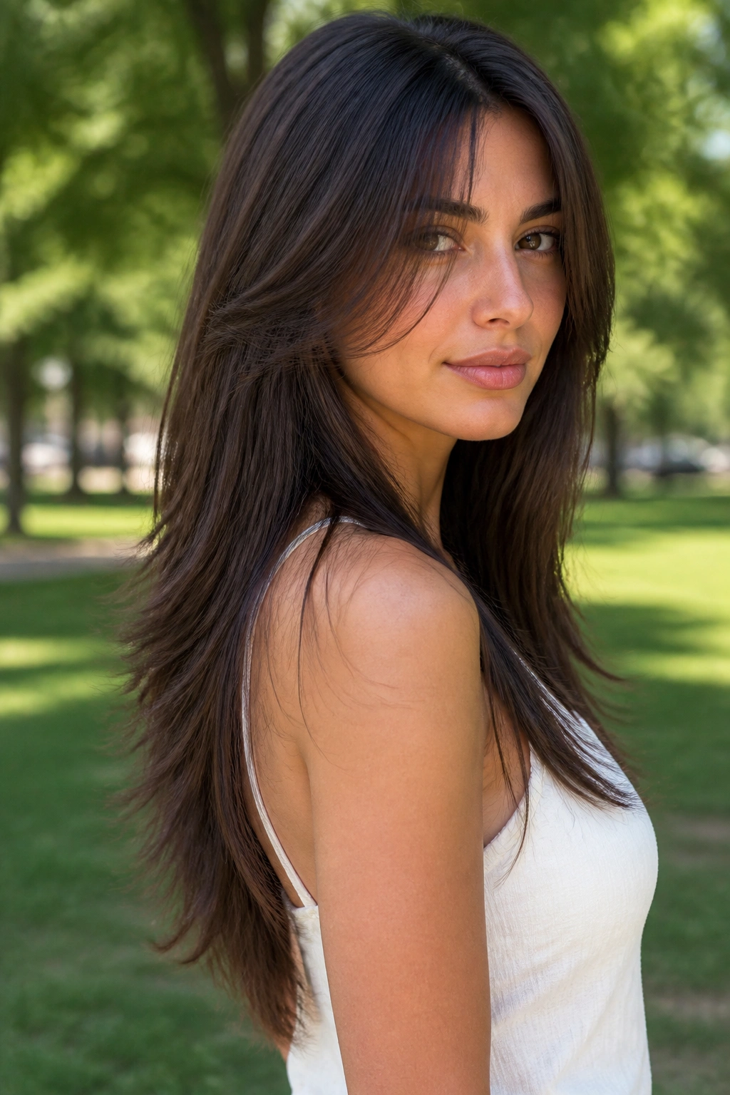 Close-up of a woman with V-cut layers and subtle face framing.