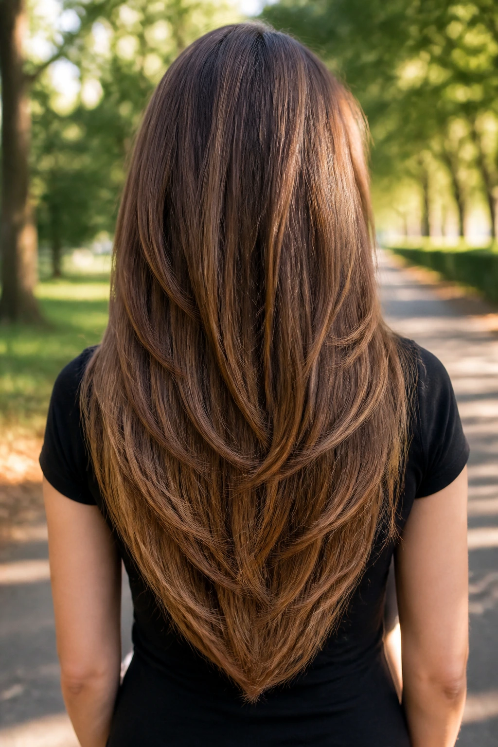Back-of-head view of a real woman with a V-cut layering at the back