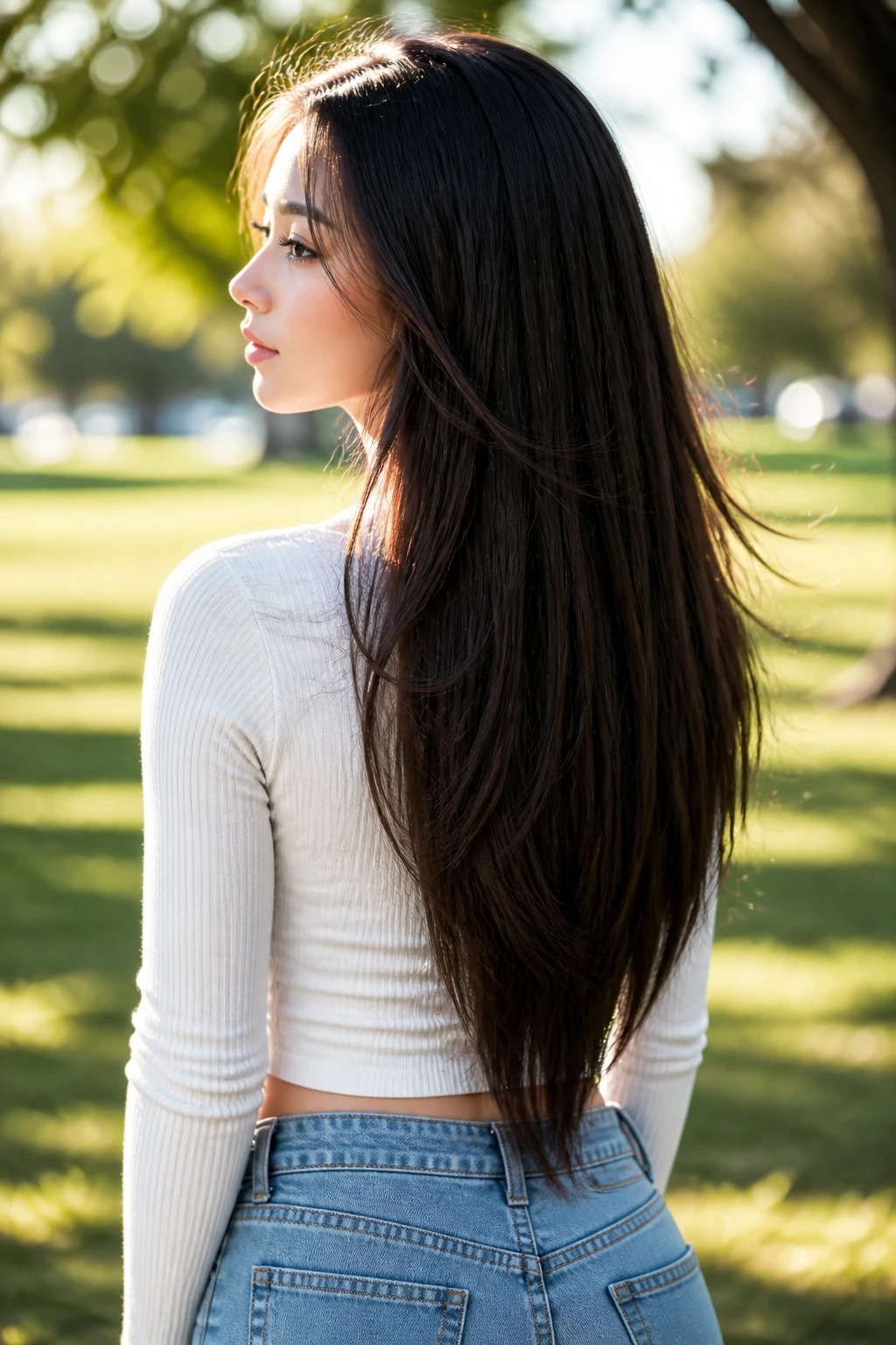 Portrait of real woman with V-cut layered ends on long hair