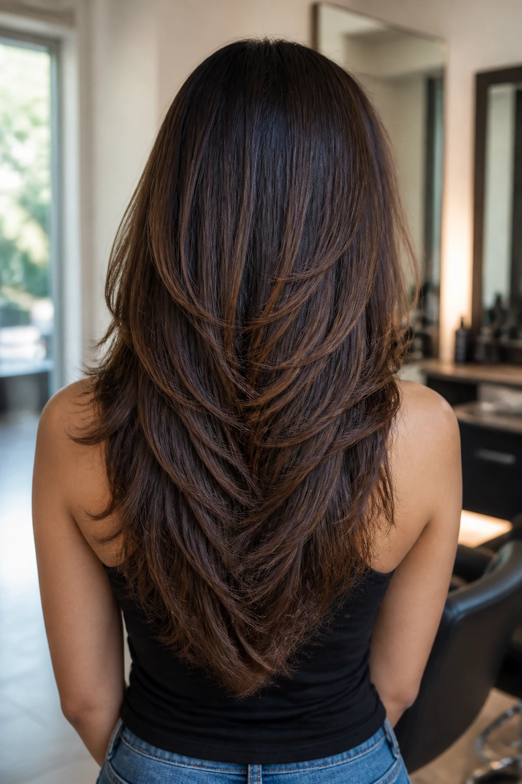 Back-of-head portrait showing a distinct V-shaped nape taper in long hair on a real person