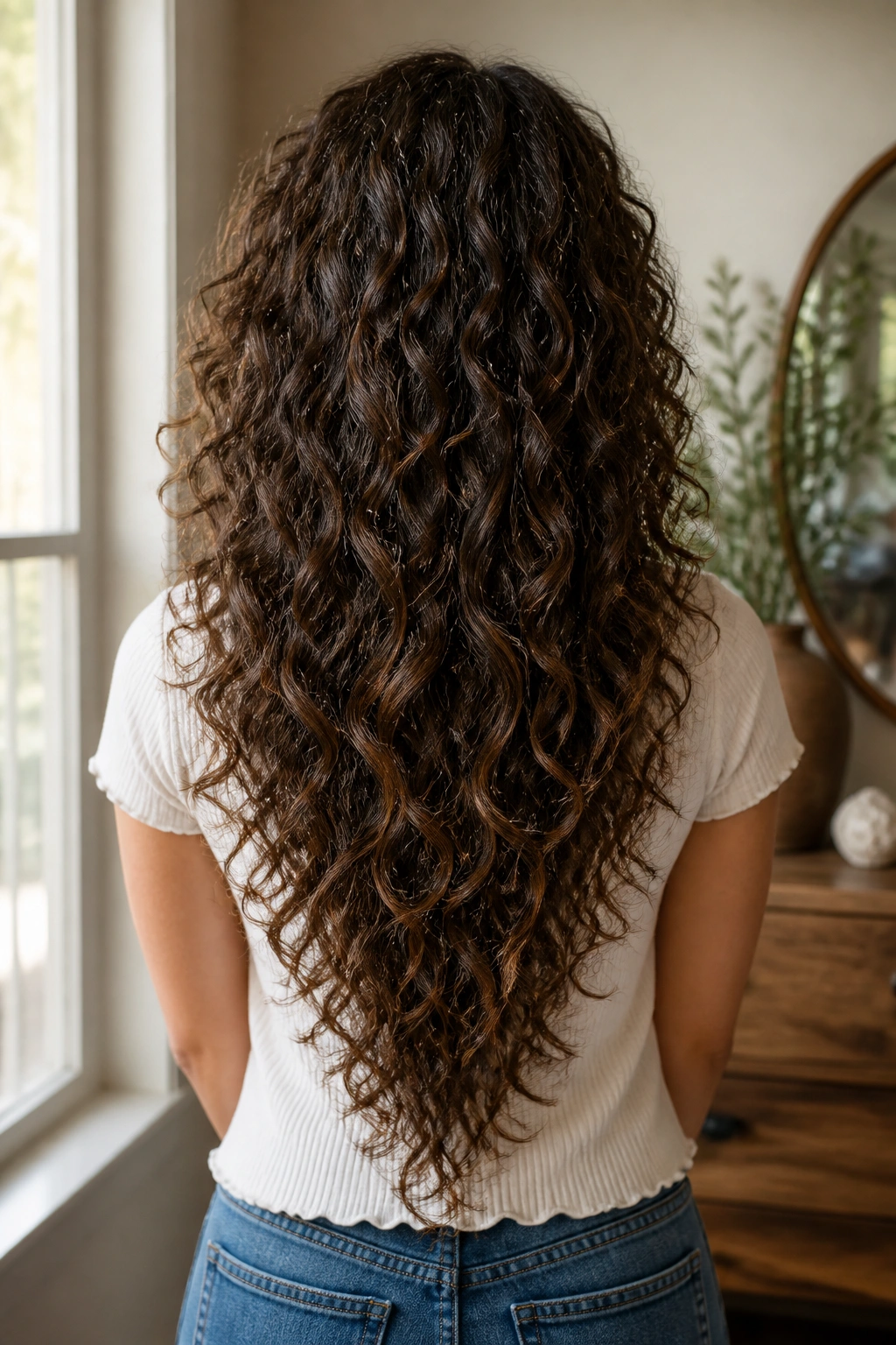 Back-of-head view of a real person with dramatic V-cut layers in long curls