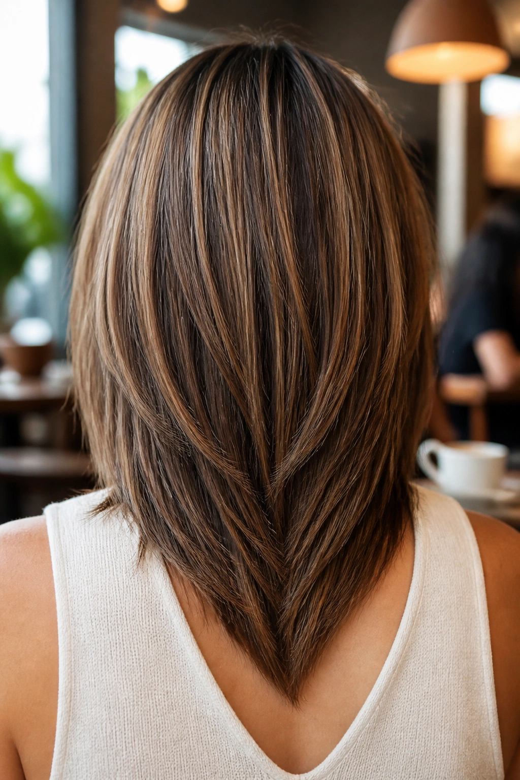 Back-of-head view of a real woman with V-cut layers forming a pointed back silhouette.