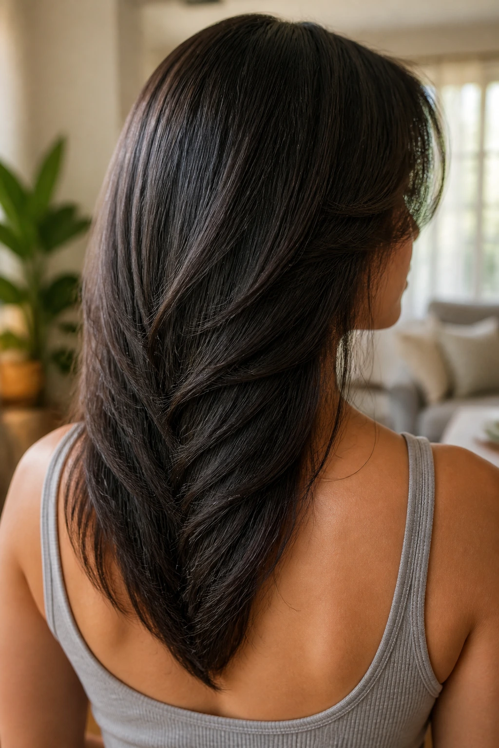 Back-of-head view of a real woman's V-cut layered hairstyle at the nape