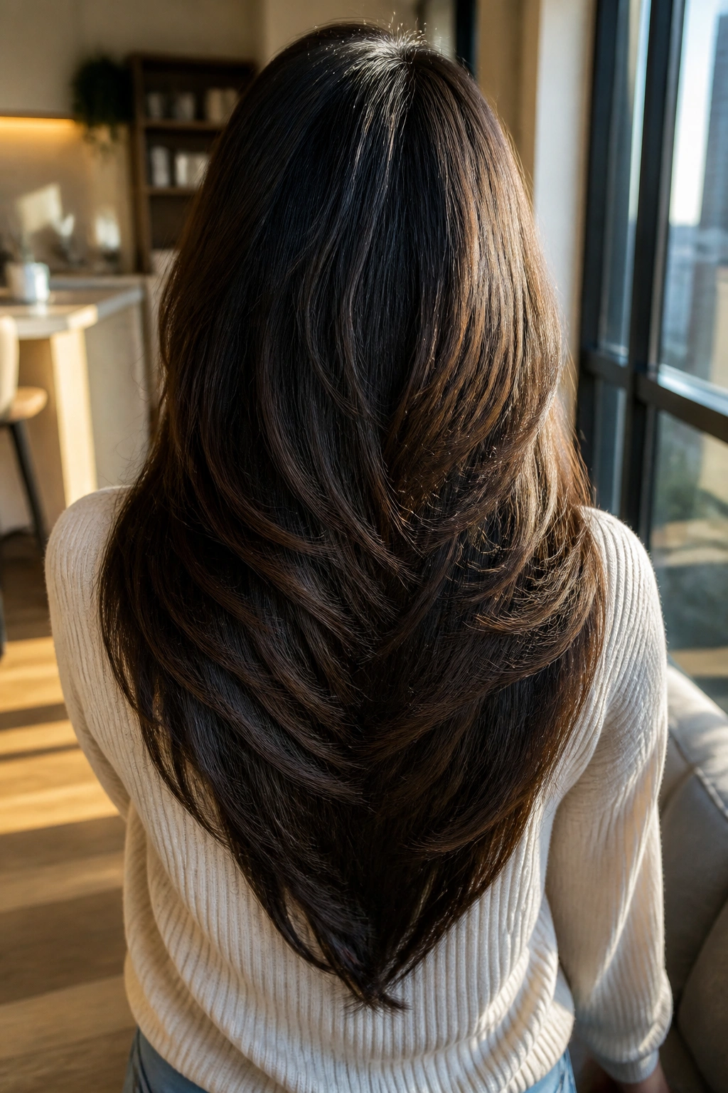 Back view of a real woman with V-cut layers forming a sharp silhouette.