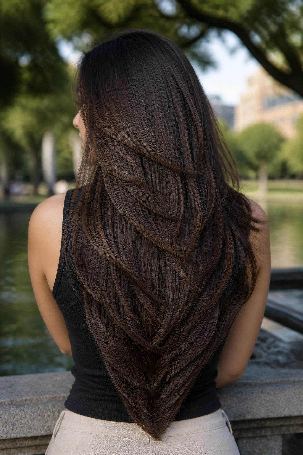 Close-up of real woman with V-cut layers creating a strong silhouette in daylight