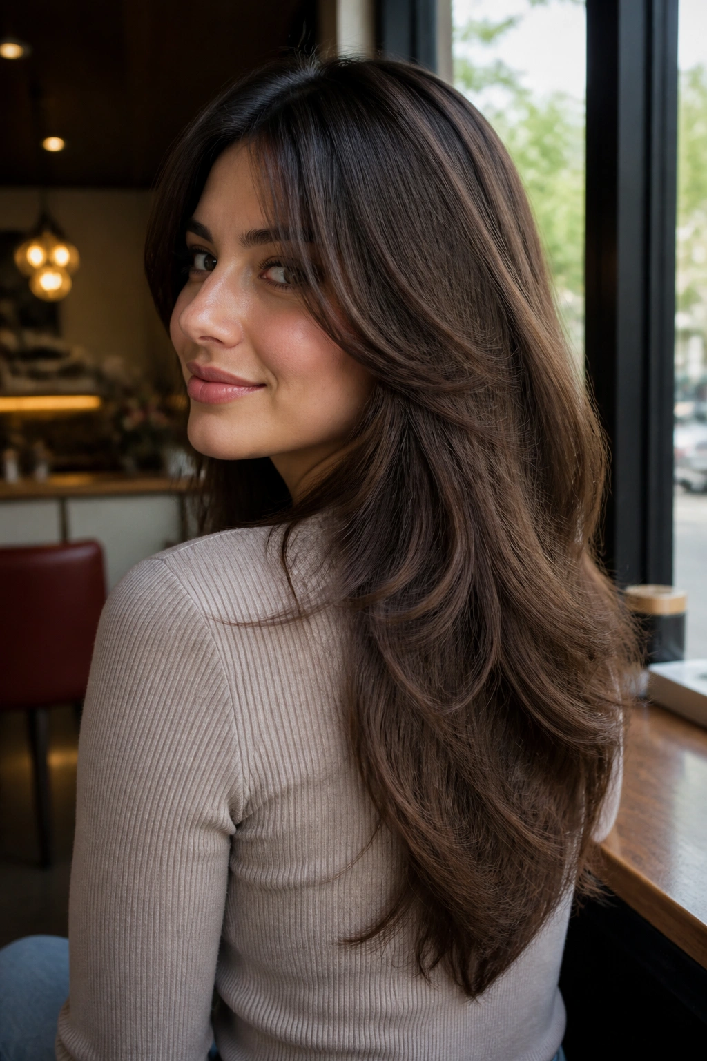 Portrait of person with V-cut layers creating swing in thick hair, cafe window lighting