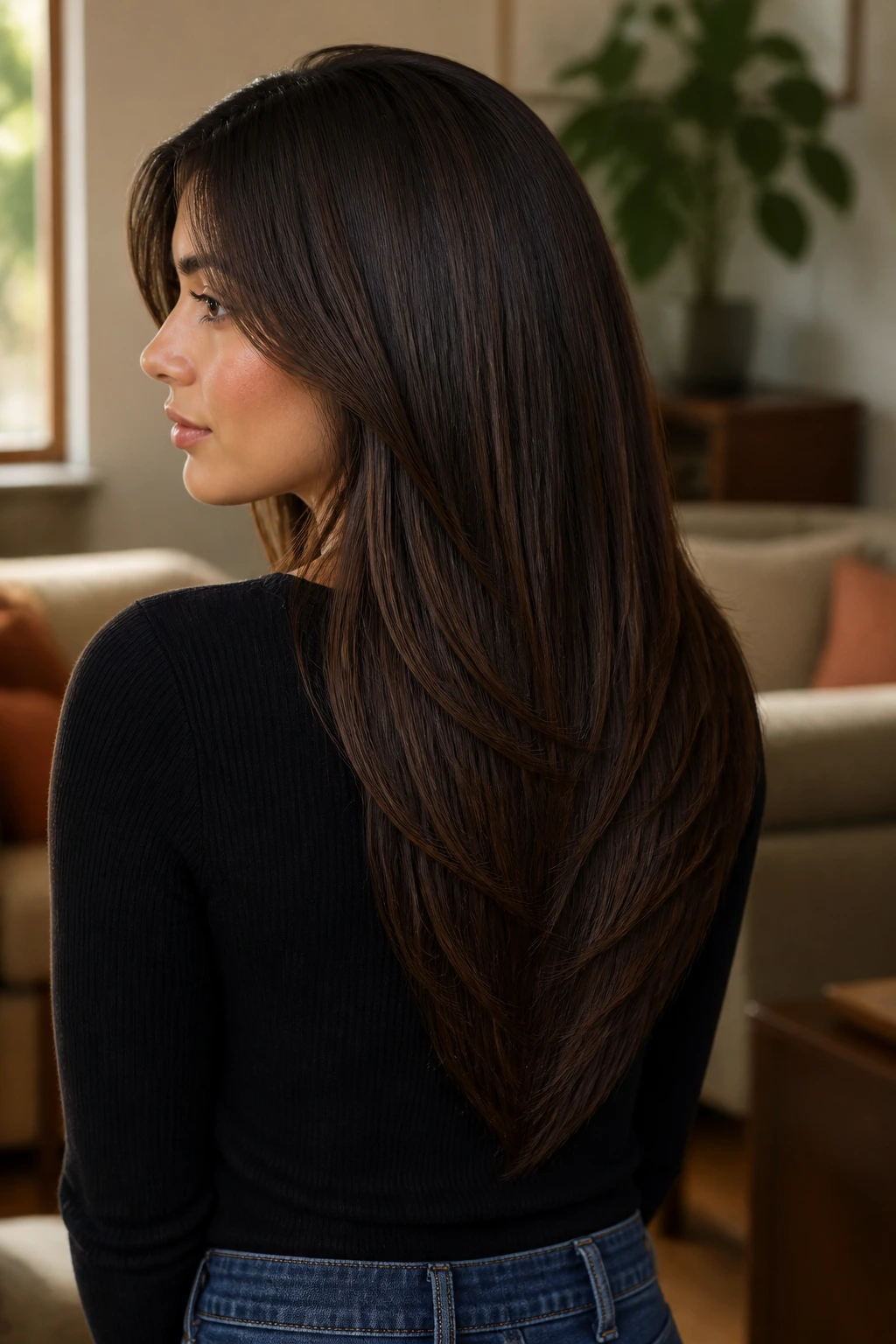 Close-up portrait of a real woman with V-cut layers in straight dense hair