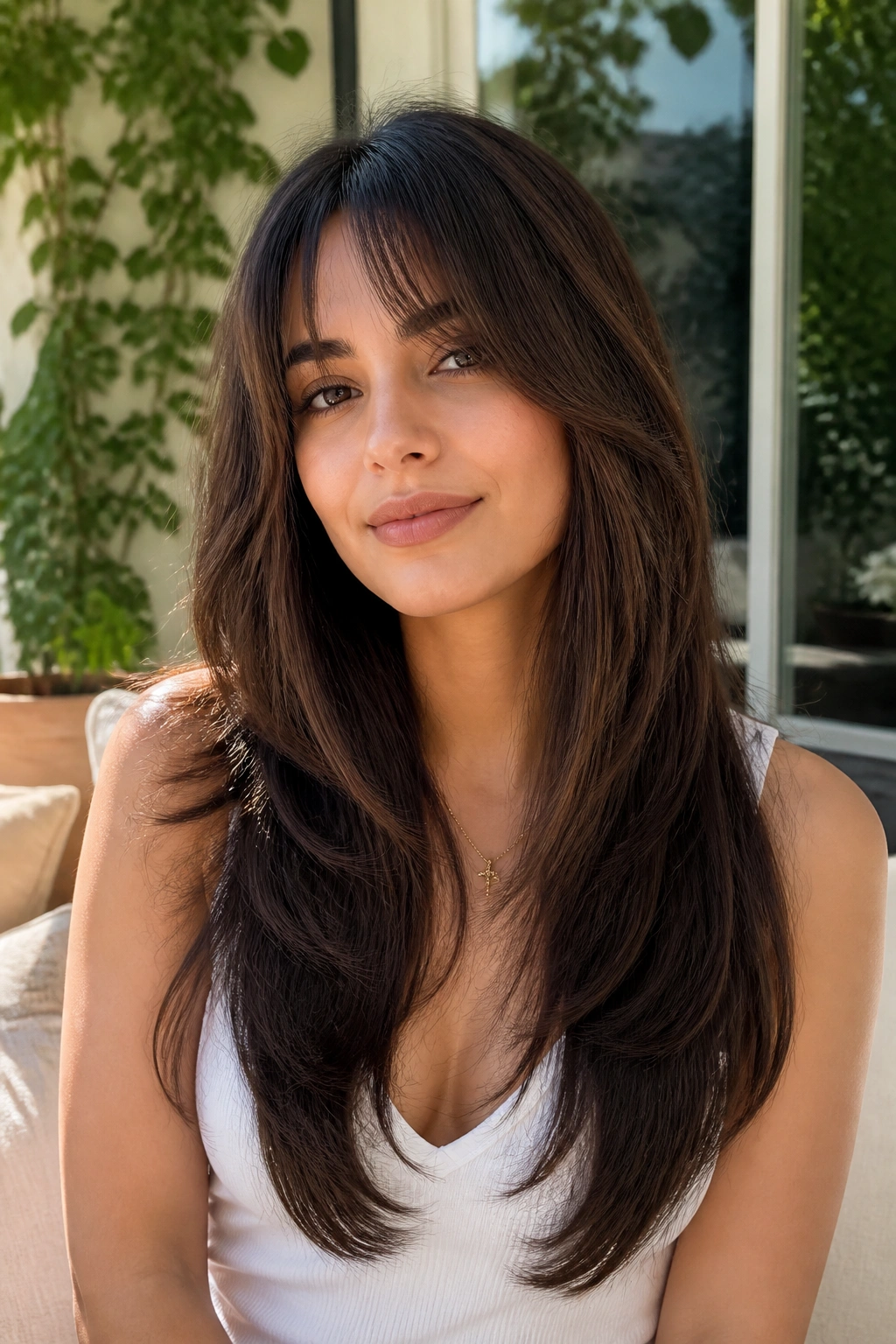 V-cut length with split bangs on real woman in garden setting