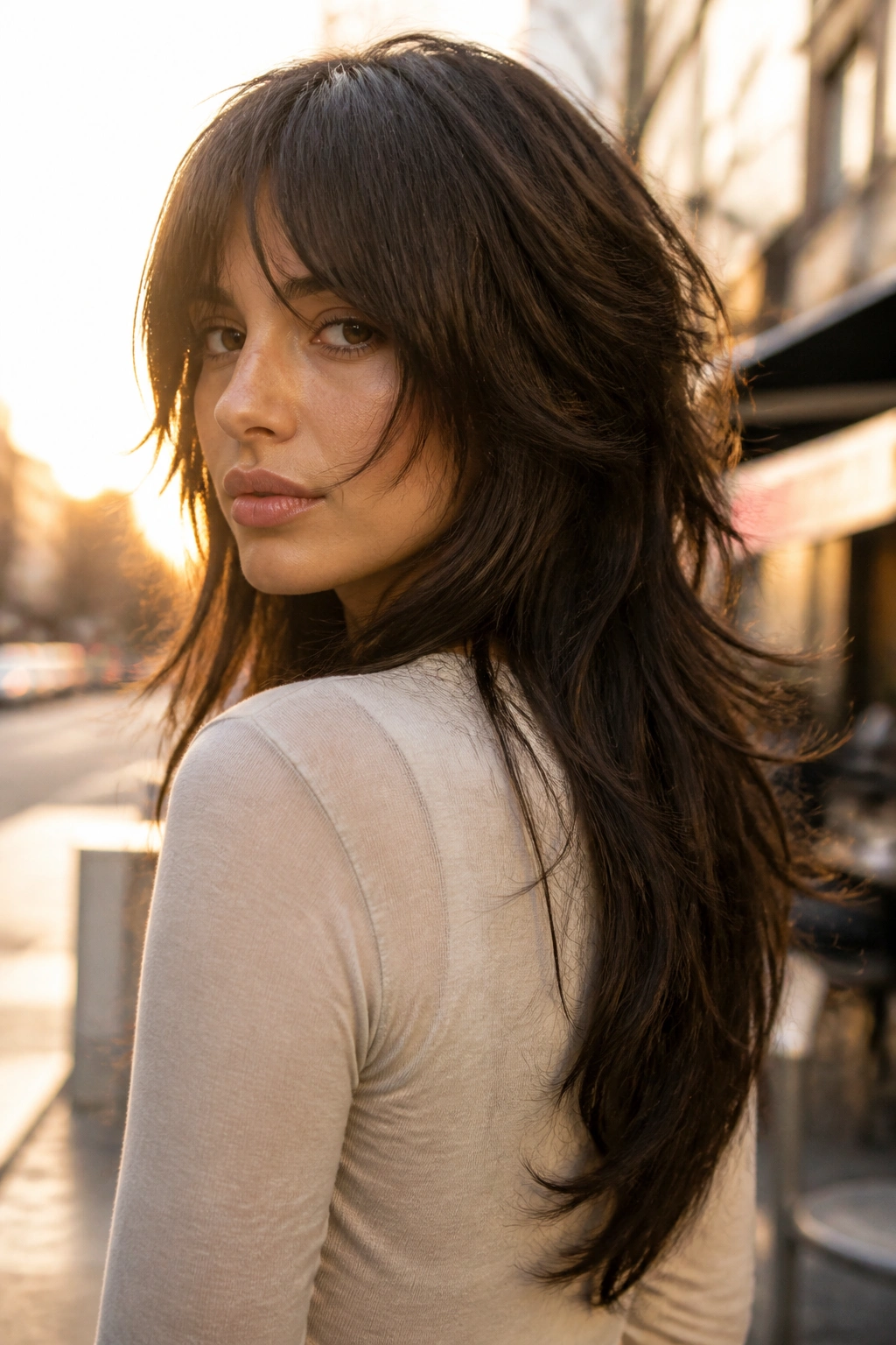 Close-up portrait of a real woman with a V-layer mullet and face-skimming pieces