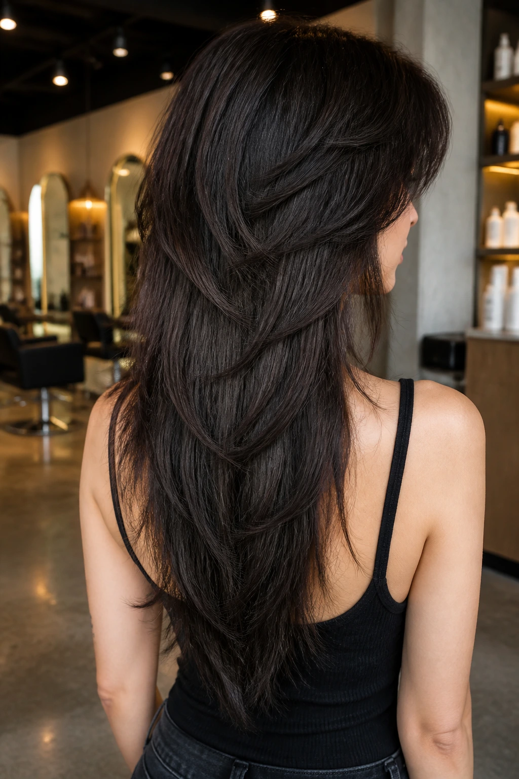 Back-view of a real person with a crisp V-shaped back line in butterfly wolf cut.