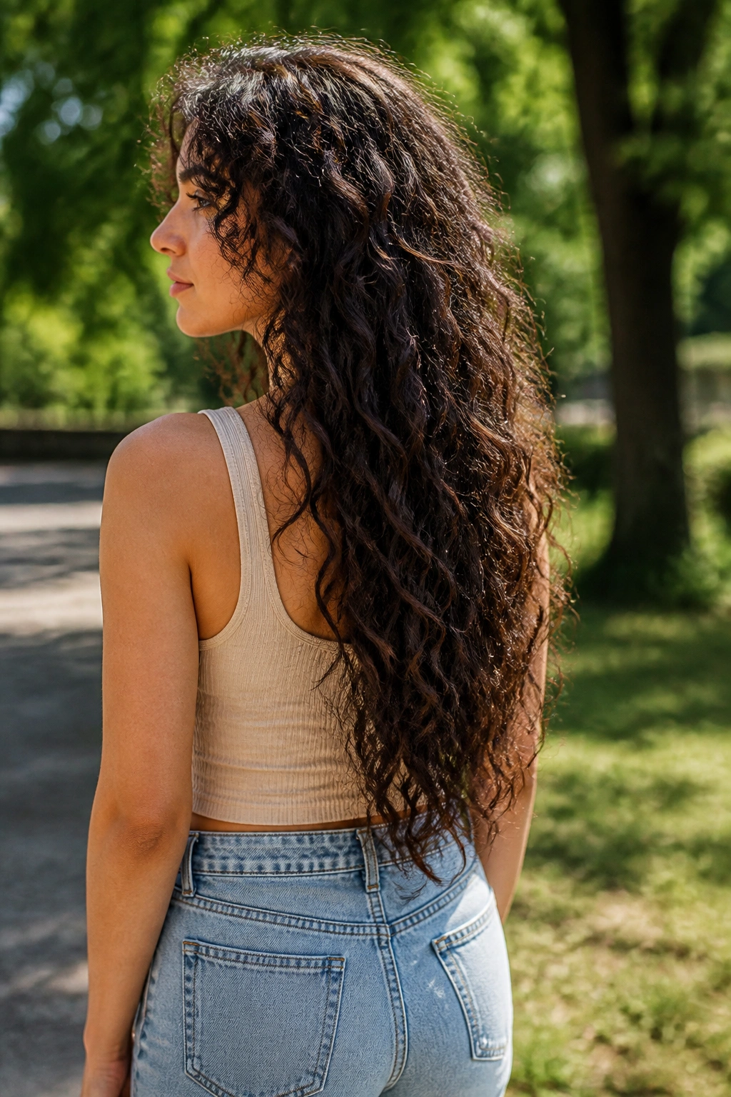 Three-quarter view of a real woman with V-shaped back layers