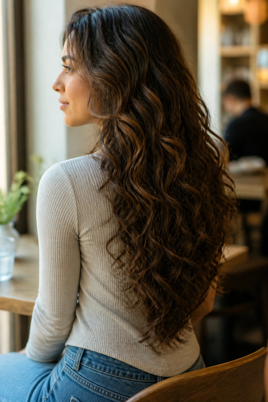 Three-quarter portrait of a real woman with V-shaped layers giving swing and taper.