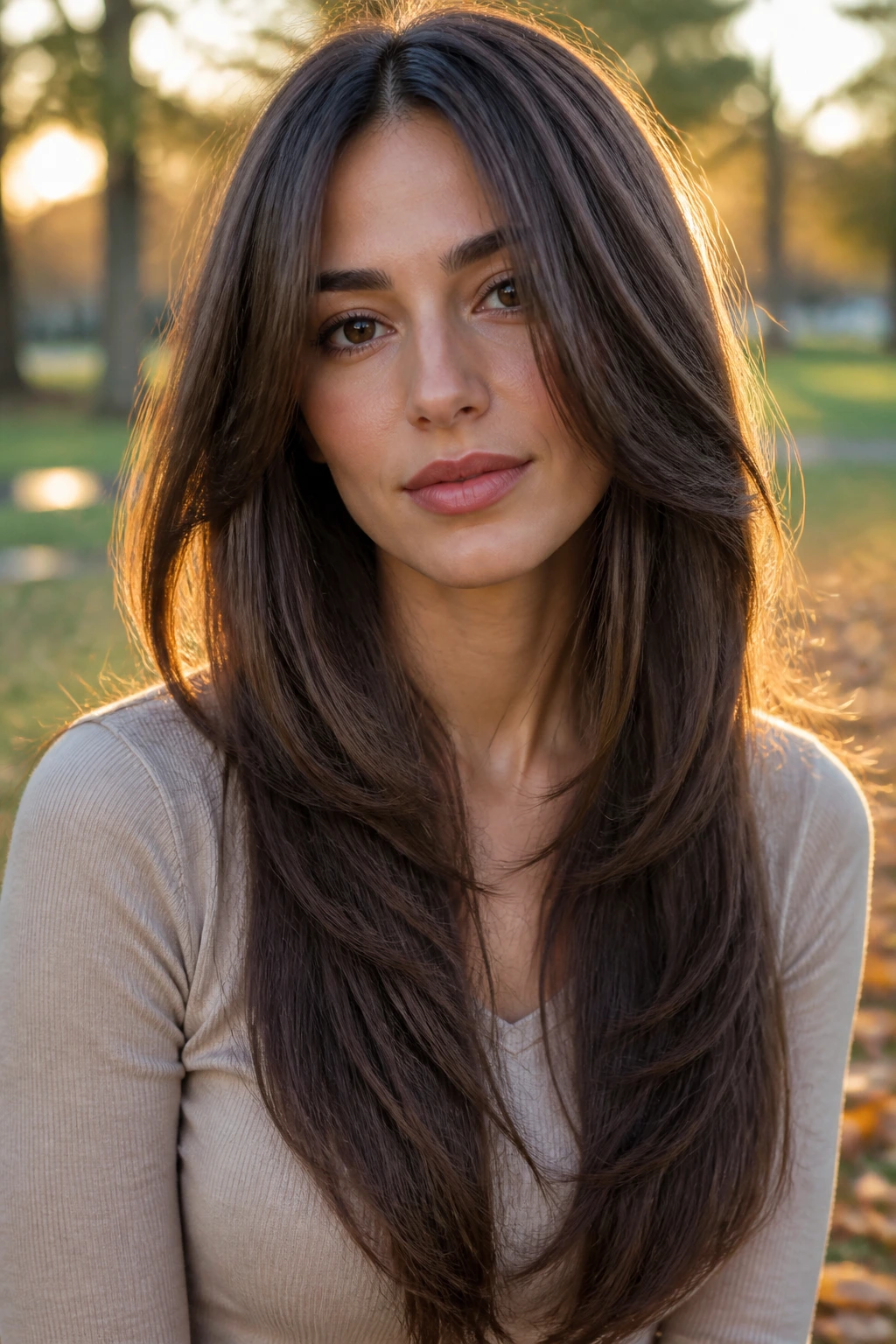 Close-up portrait of a woman with V-shaped layers creating a slimmer silhouette