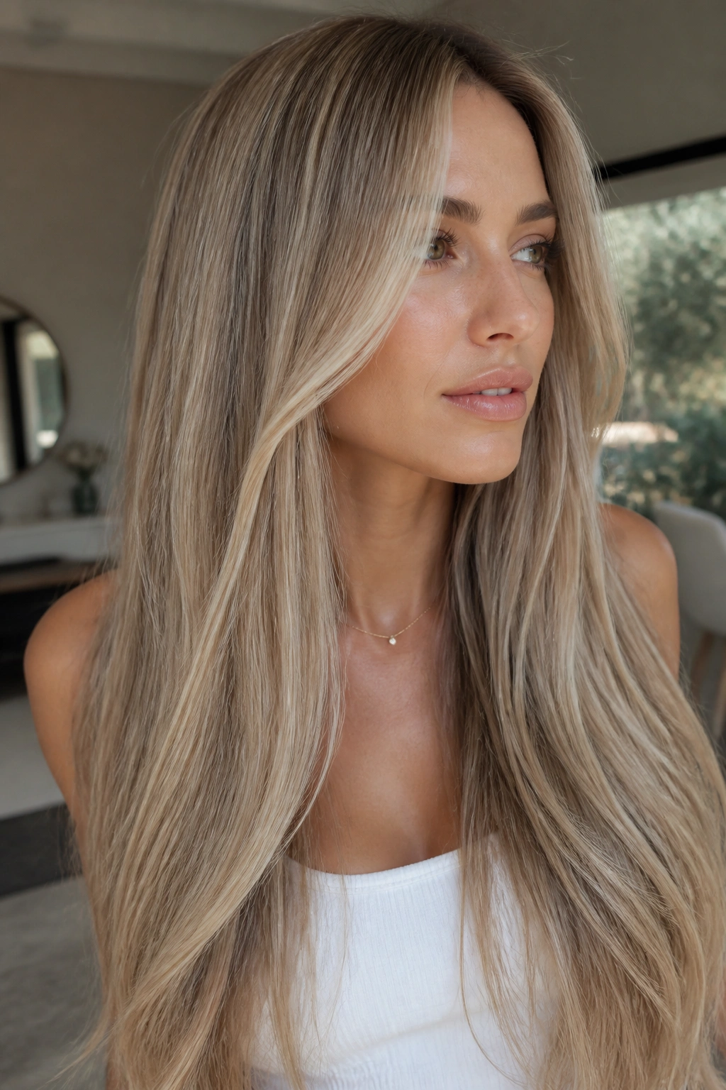Real woman with vanilla babylights adding subtle brightness to long hair