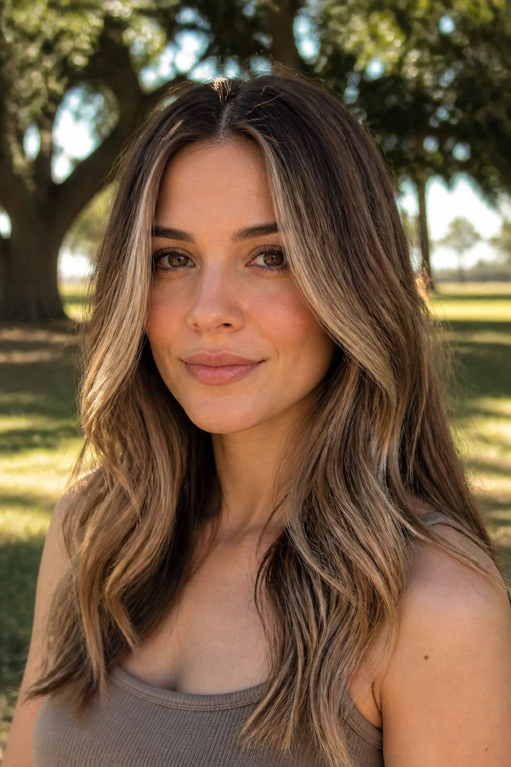 Close-up of a real woman with Vanilla Bean Bronde hair featuring creamy lighter pieces