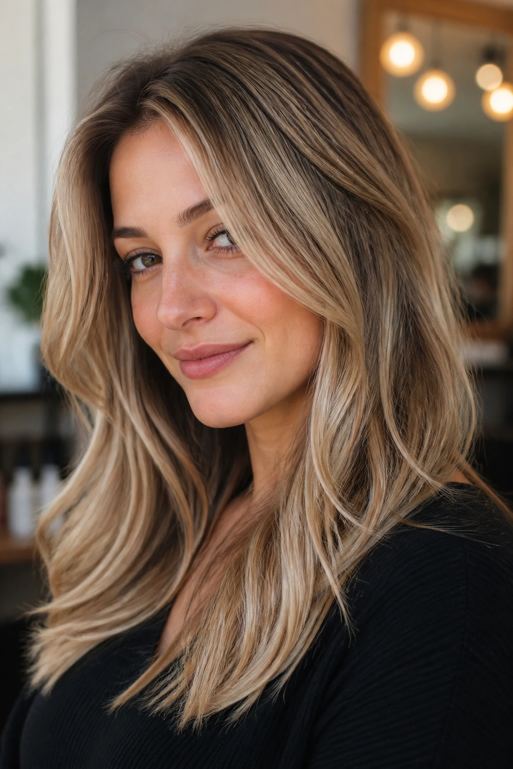 Close-up portrait of a woman with warm blonde highlights and vanilla bean lowlights