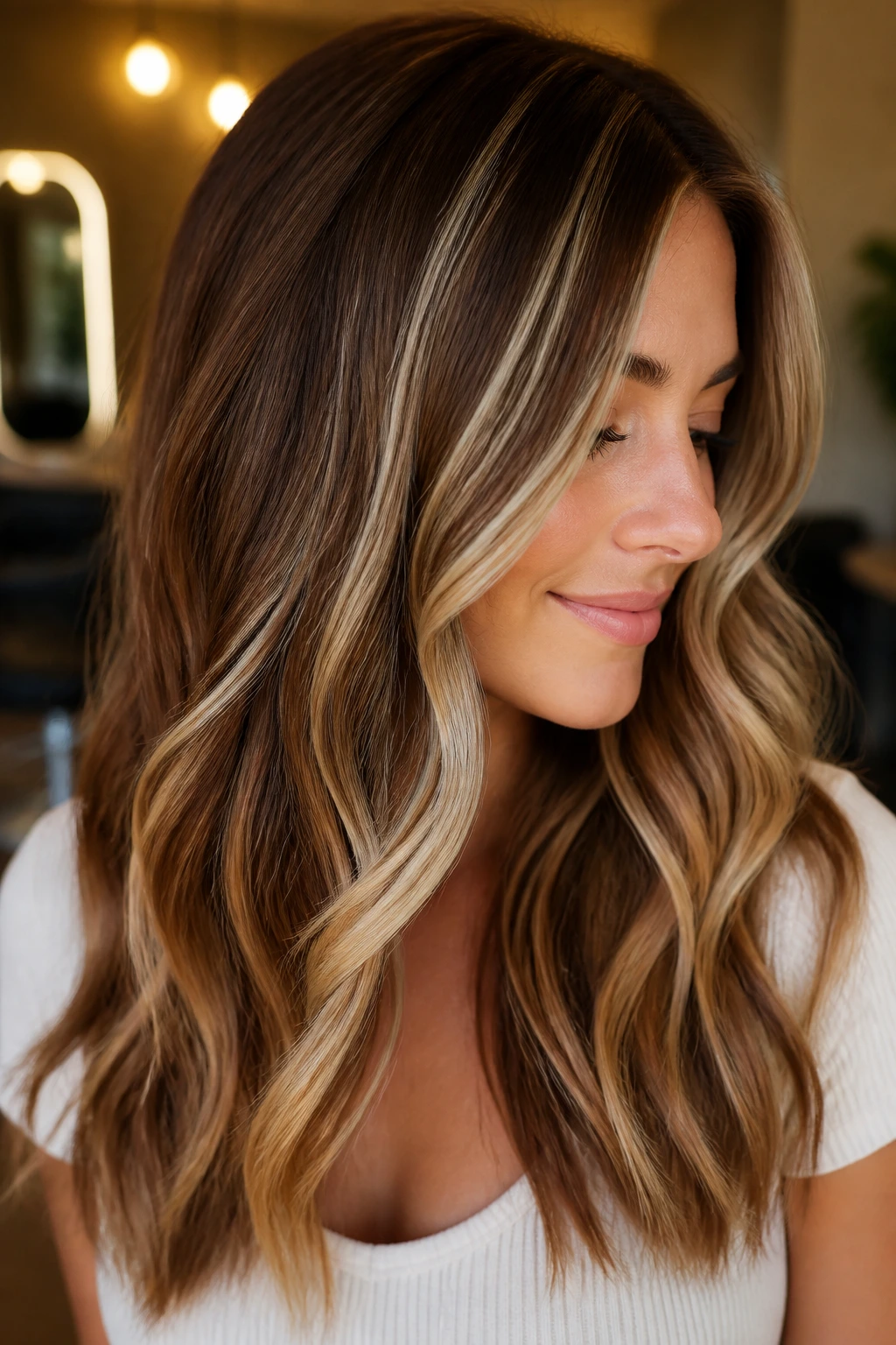 Close-up portrait of a woman with chestnut hair and creamy vanilla streaks