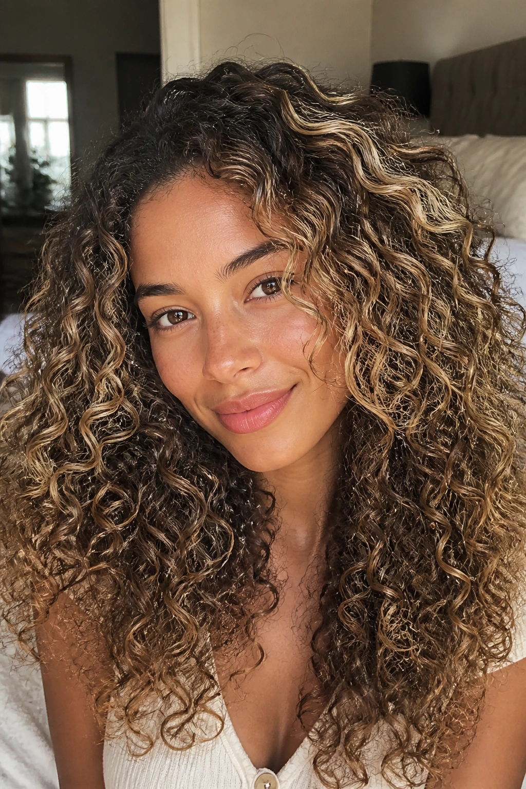 Close-up of halo highlights around the crown on curly hair.