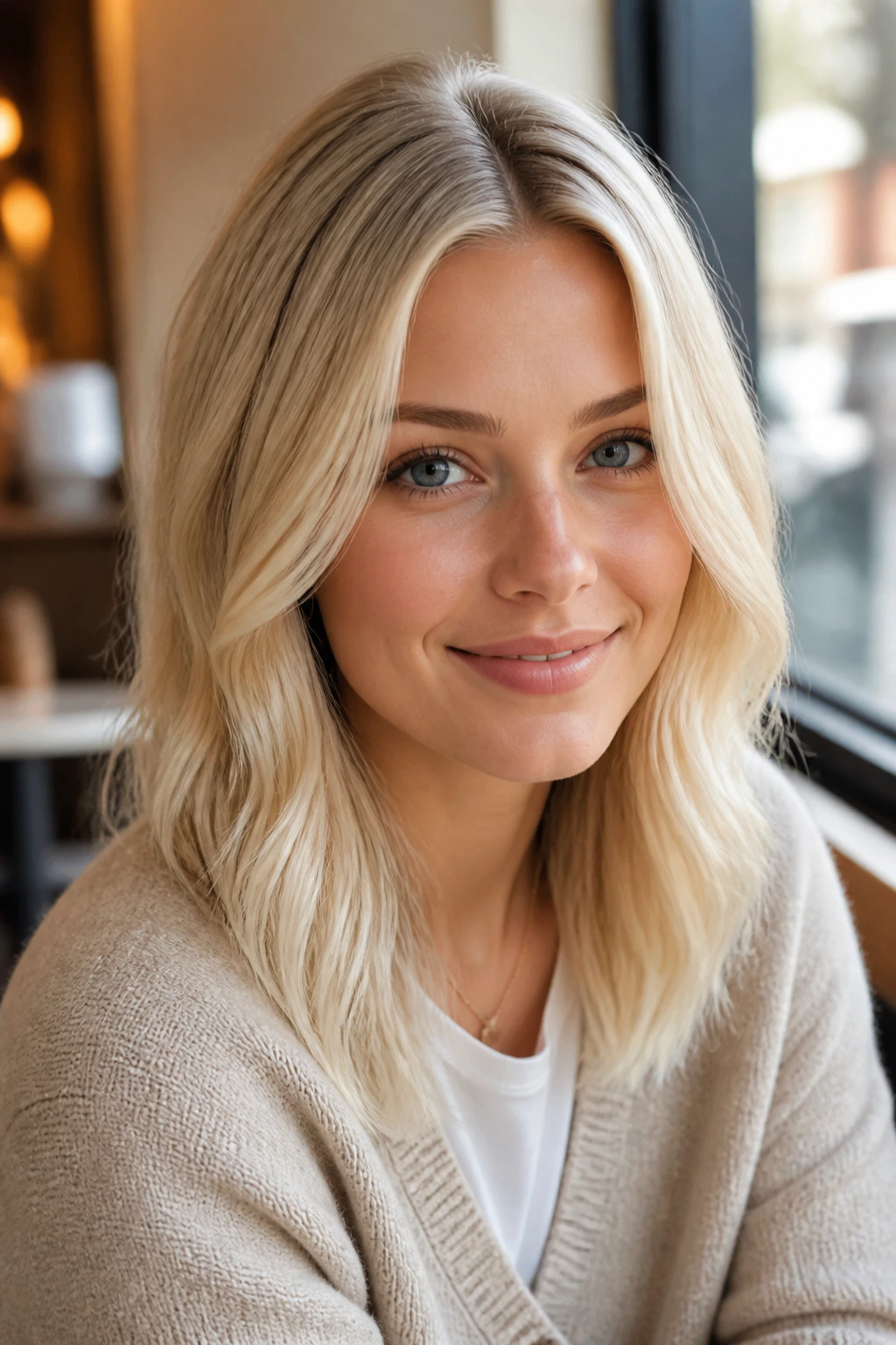 Close-up portrait of a real woman with vanilla blonde center-parted hair by cafe window light