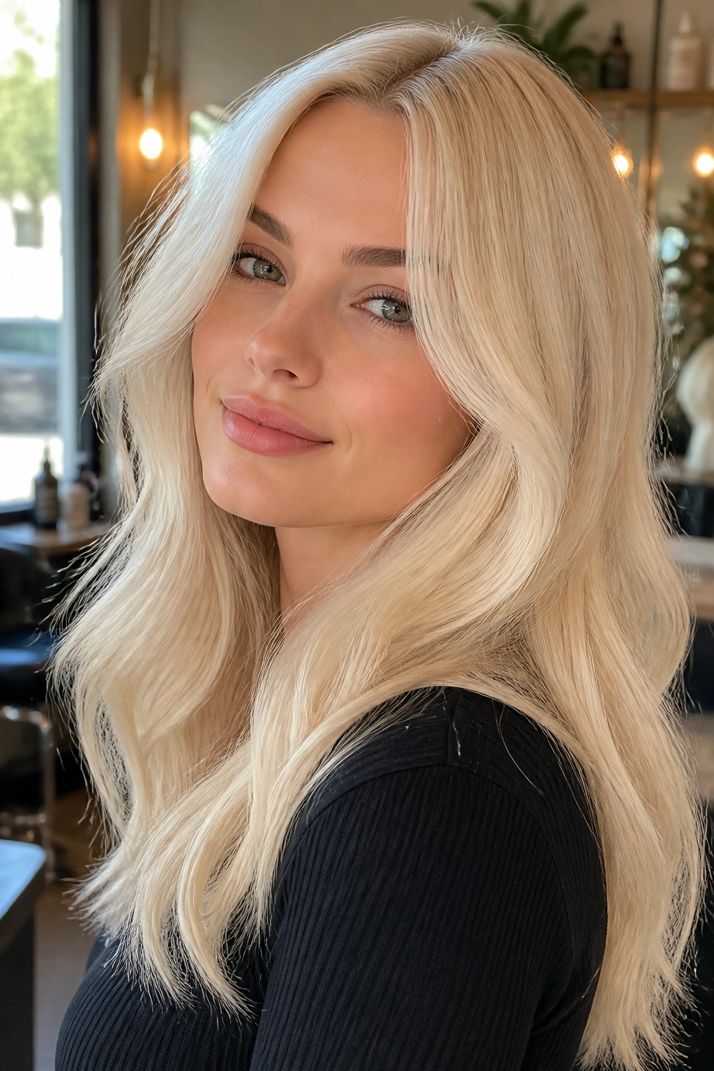 Close-up portrait of a woman with creamy vanilla blonde hair in natural window light.