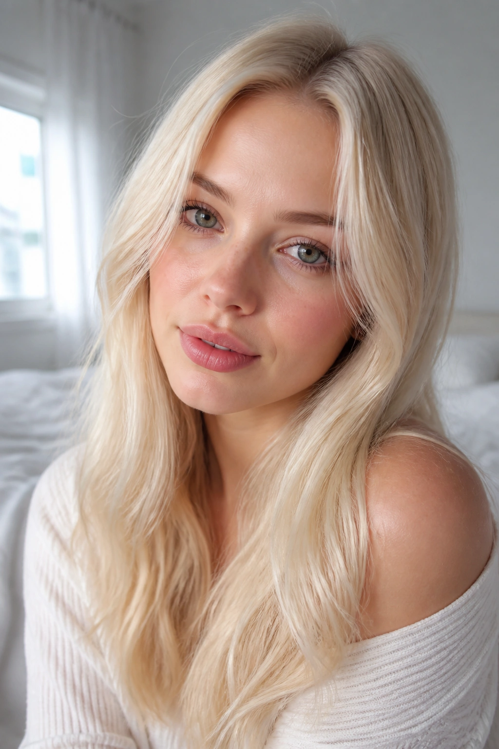 Close-up portrait of a real woman with vanilla blonde hair and a creamy base under soft light.
