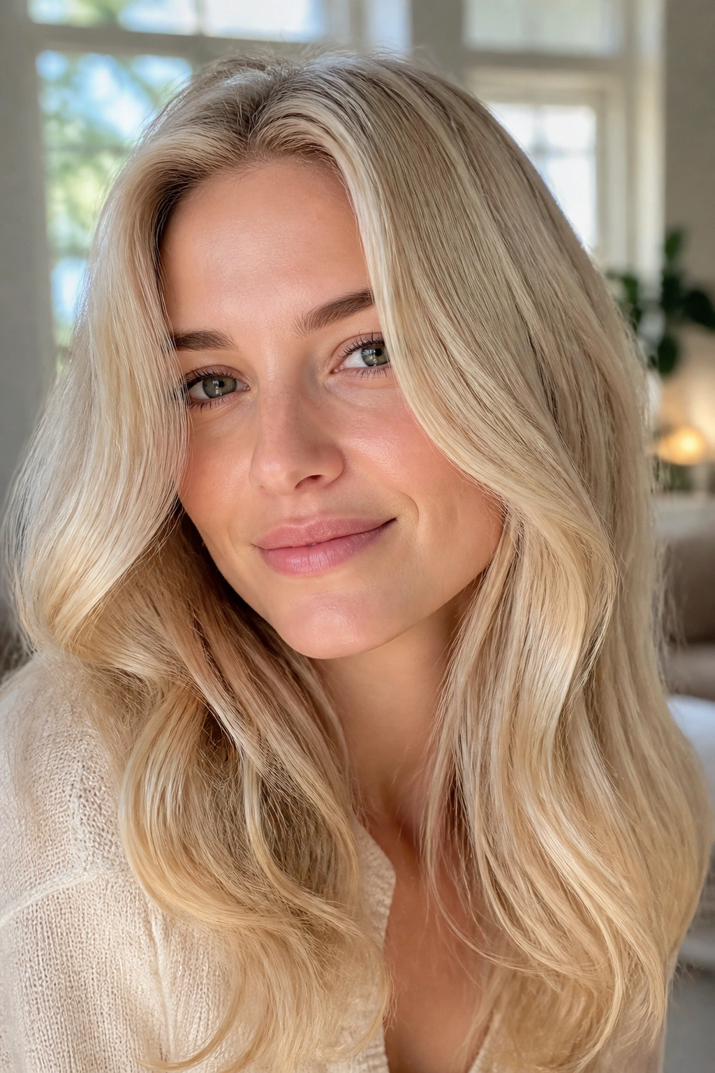 Close-up portrait of a real woman with vanilla blonde hair in warm light