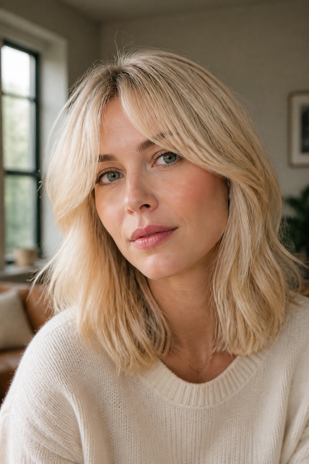 Close-up portrait of a woman with creamy vanilla blonde hair and curtain bangs