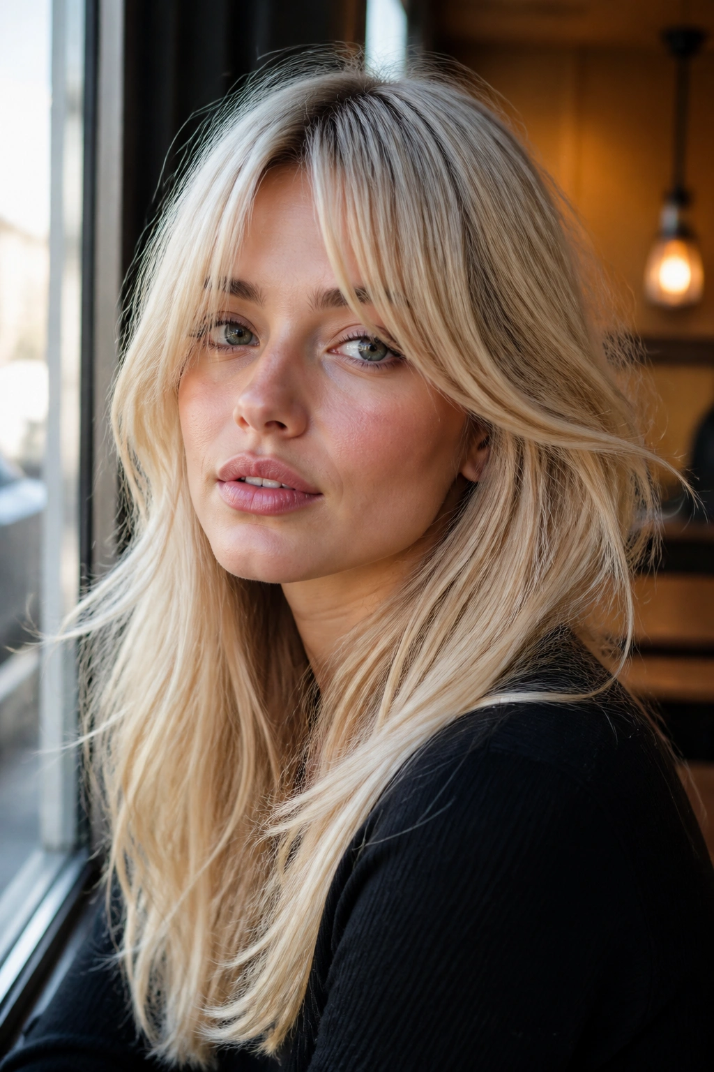 Portrait of a woman with vanilla blonde curtain bangs in soft natural light