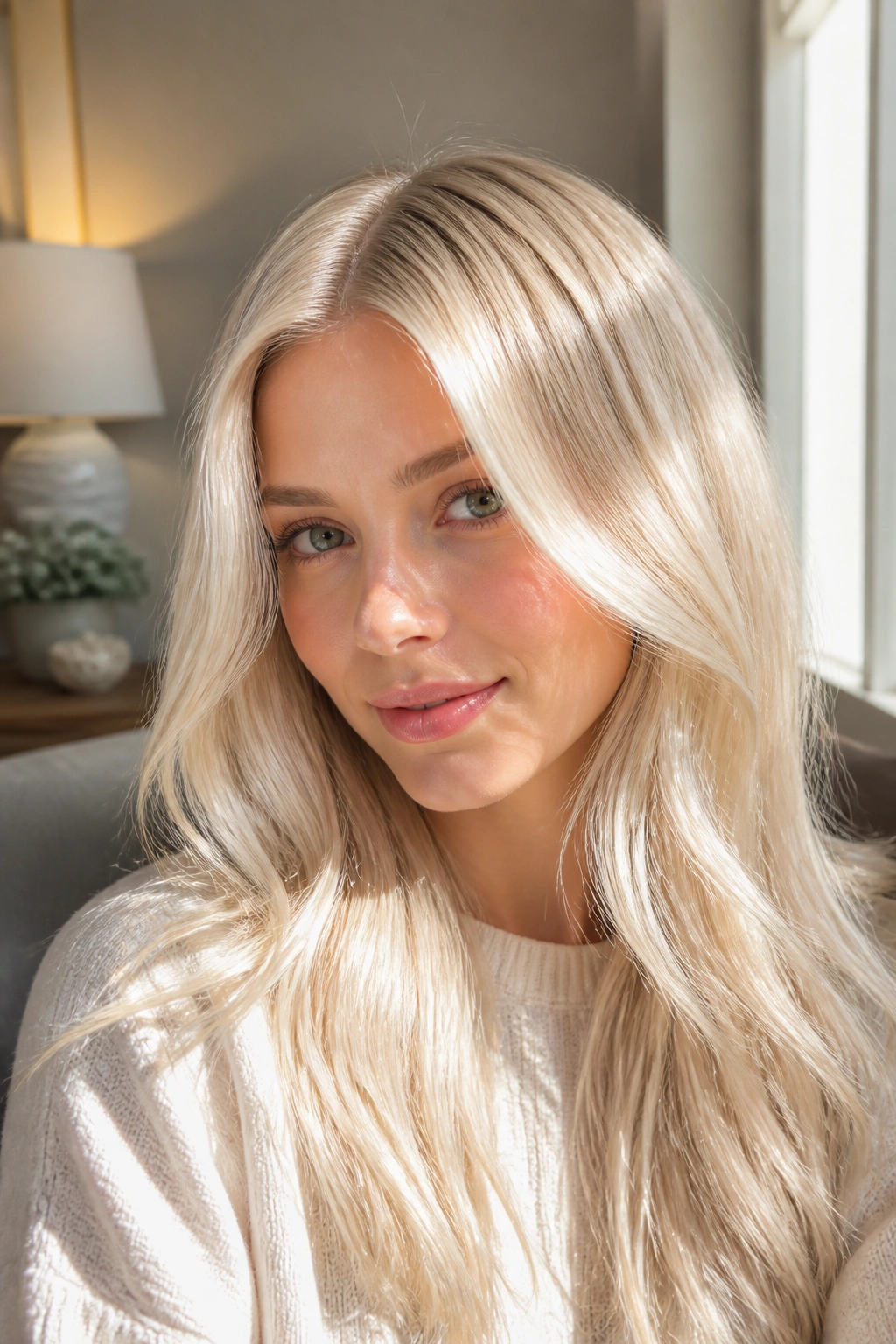 Close-up of a woman with vanilla blonde hair and shine in a bright room