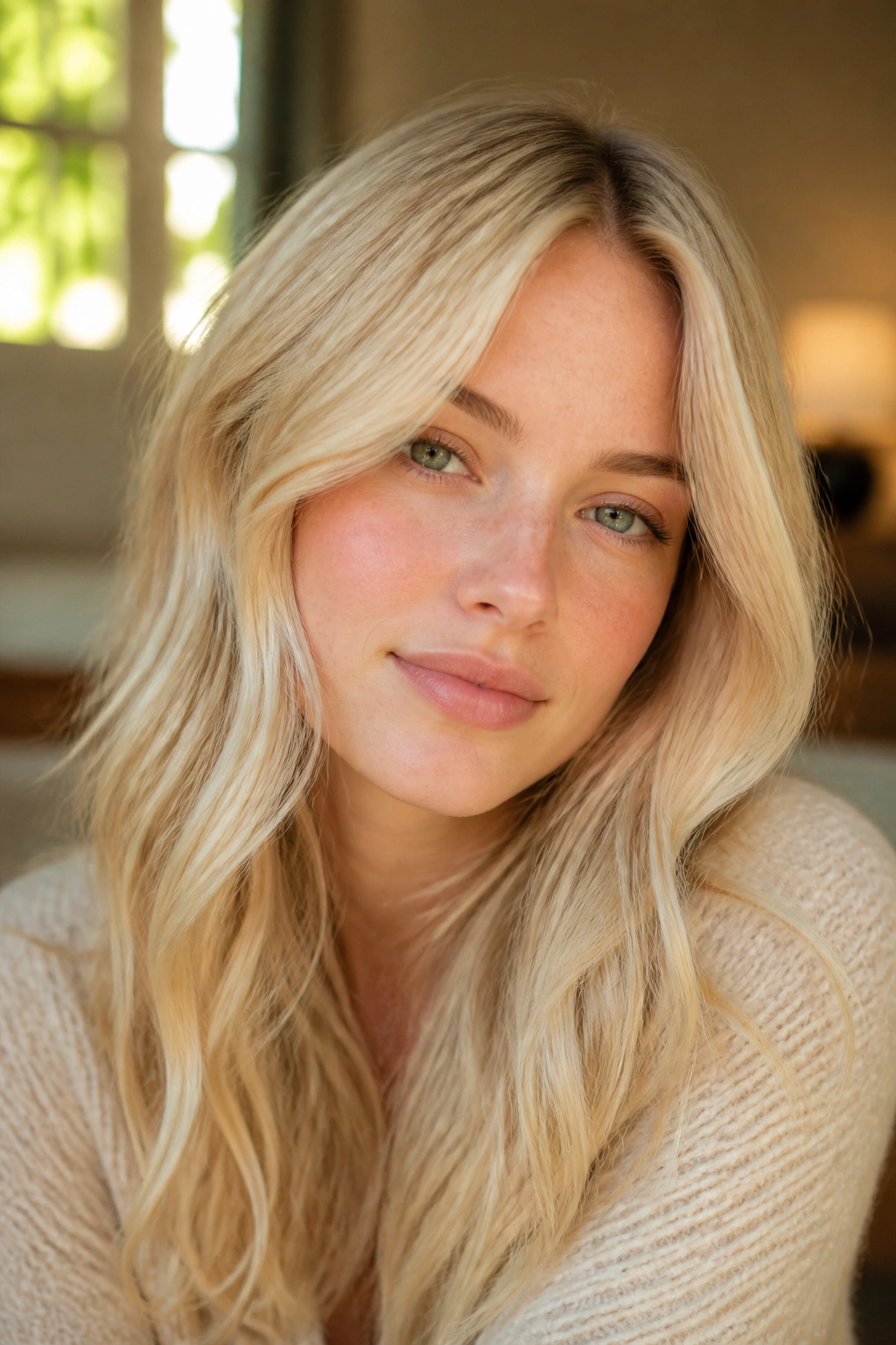 Close-up of a real person with vanilla blonde hair in warm indoor light