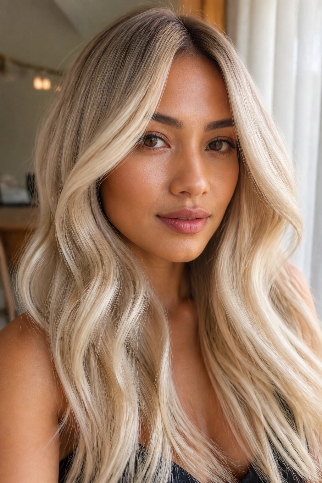 Real-woman portrait with creamy vanilla blonde hair and a pearly glow in soft indoor light.