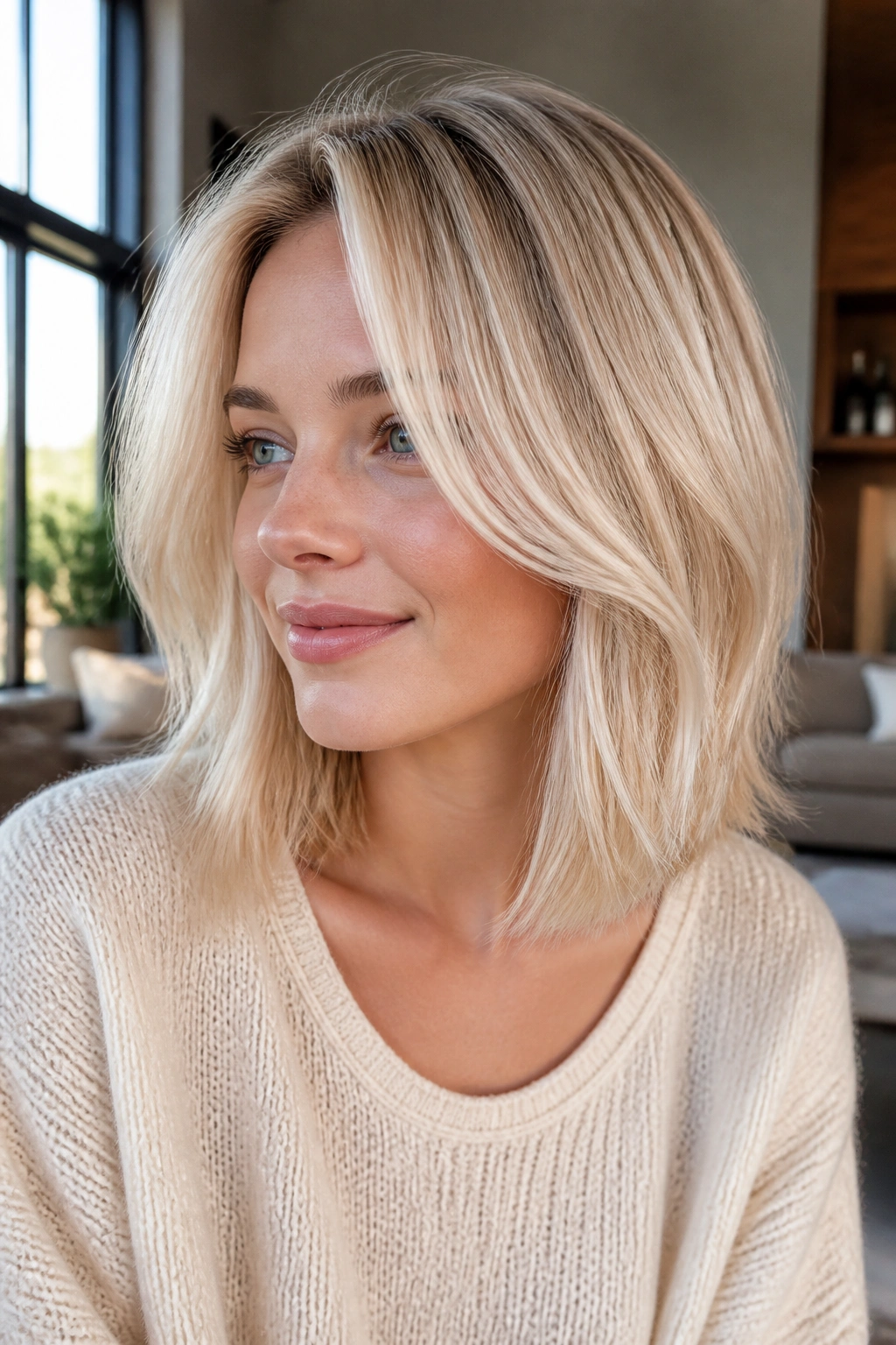 Close-up of a real woman with a creamy vanilla blonde lob in warm window light