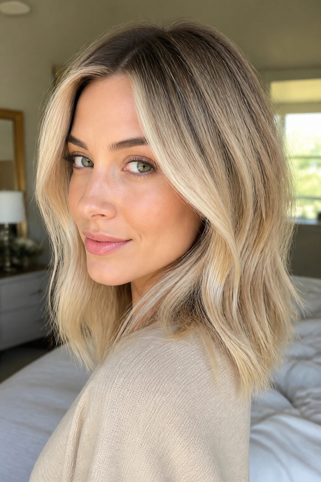 Close-up portrait of a real woman with rooted vanilla blonde hair and subtle face-brightening highlights