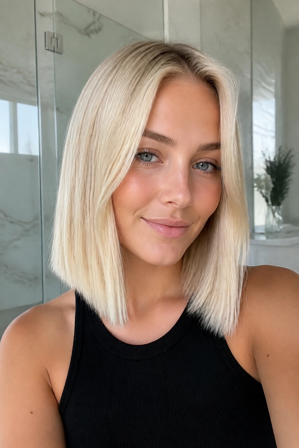 Close-up of a real woman with a straight blunt lob in vanilla blonde tones under natural light