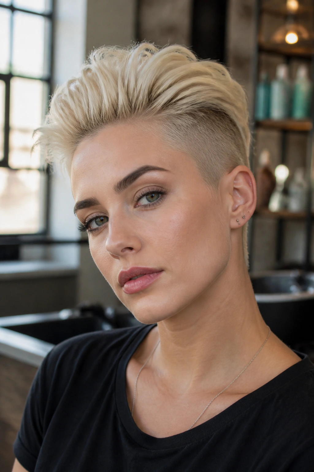 Close-up portrait of a real person with vanilla blonde undercut