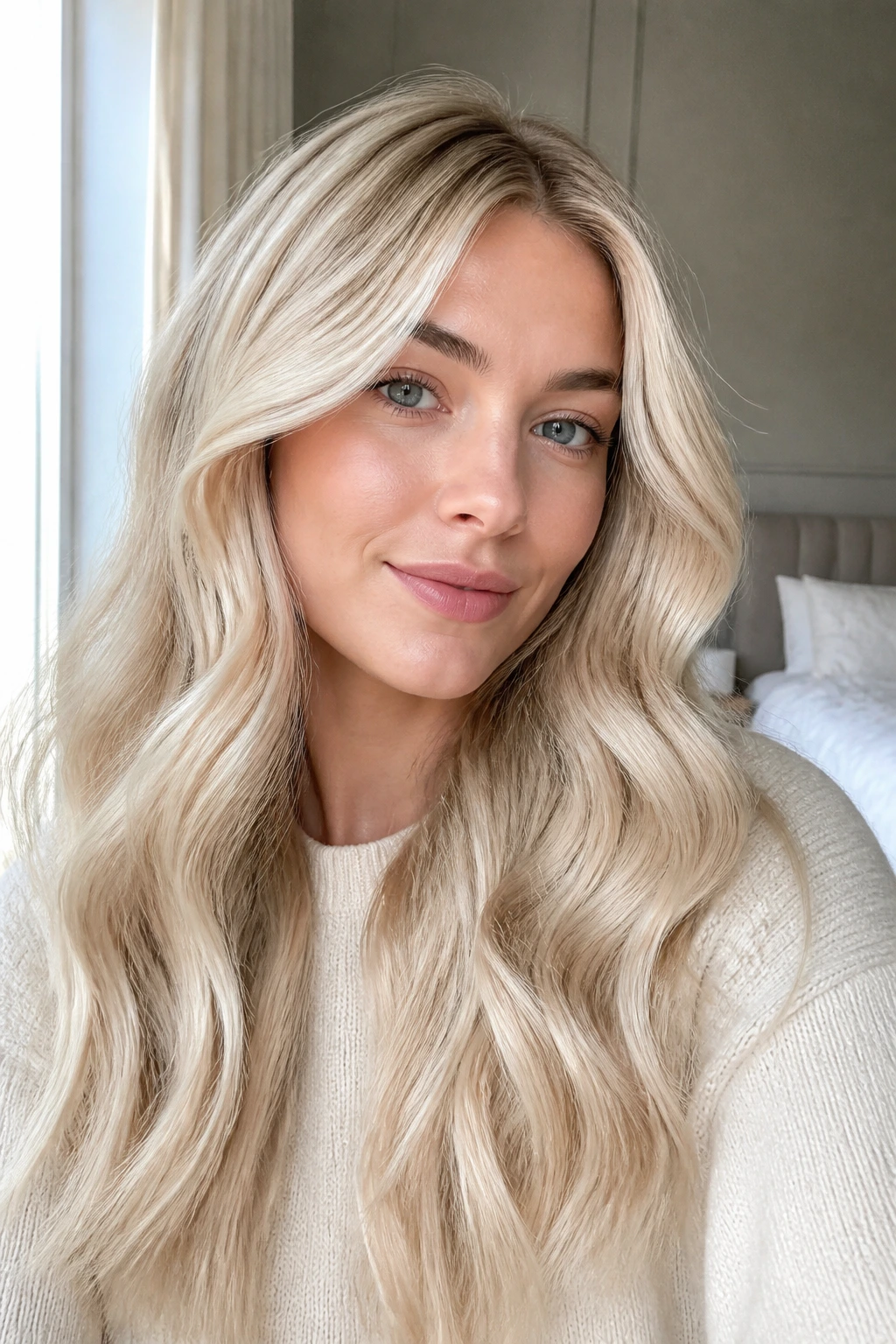 Close-up of a real woman with vanilla blonde waves and a clean finish.