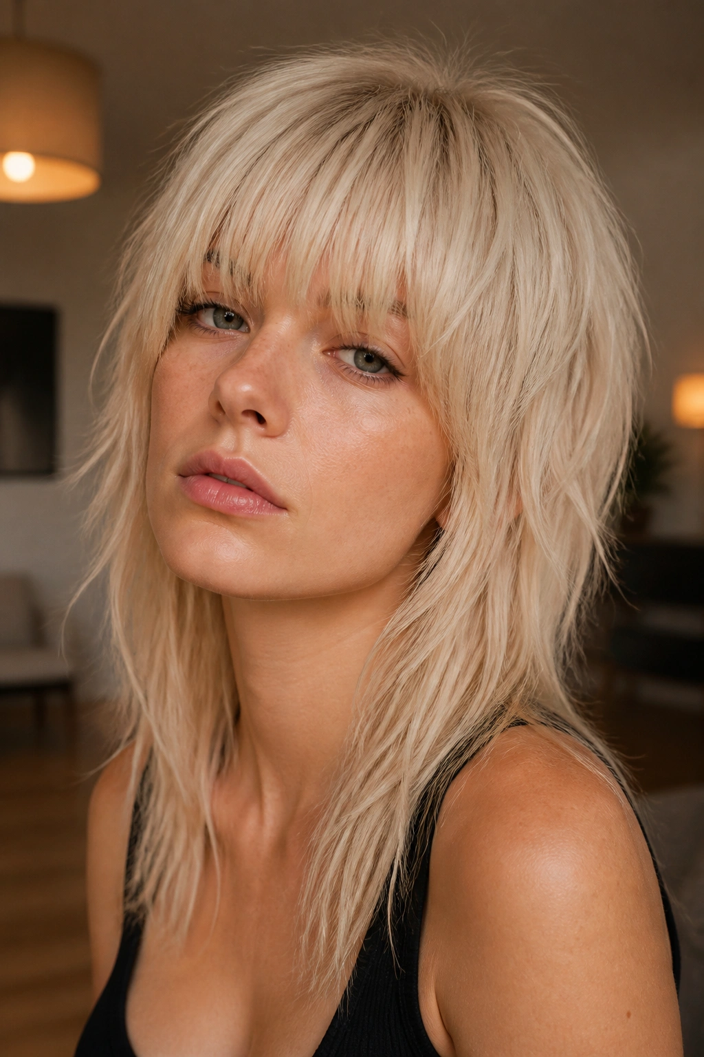 Close-up portrait of a real person with vanilla blonde wolf cut and heavy fringe.