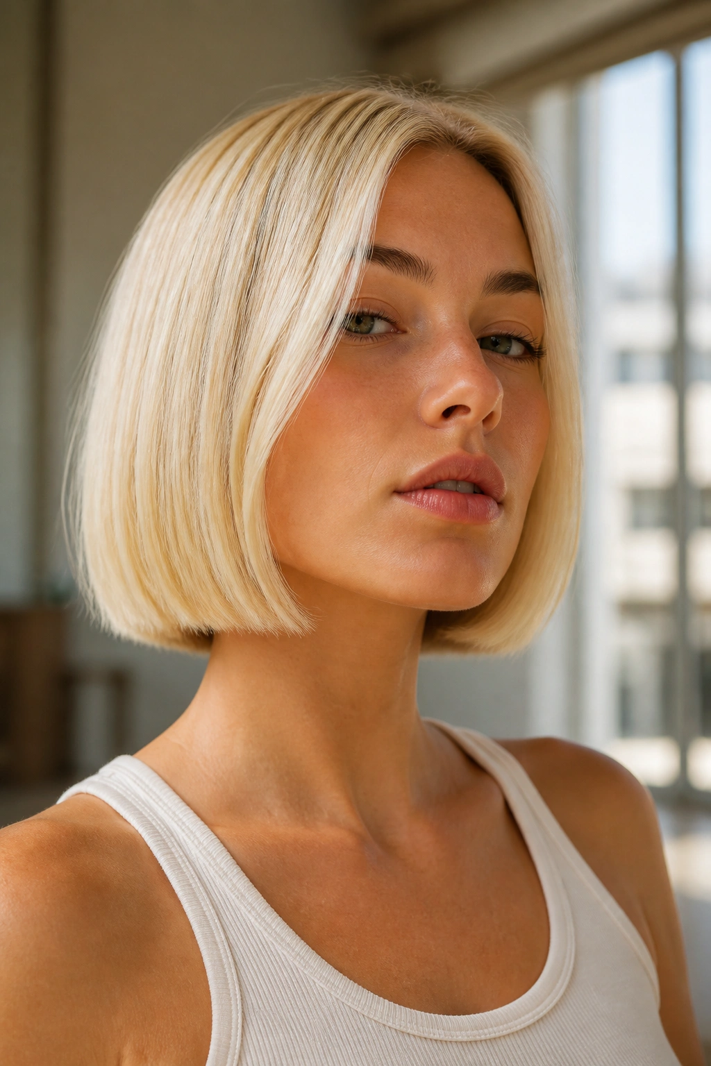 Close-up of a creamy vanilla blonde bob with blunt ends.