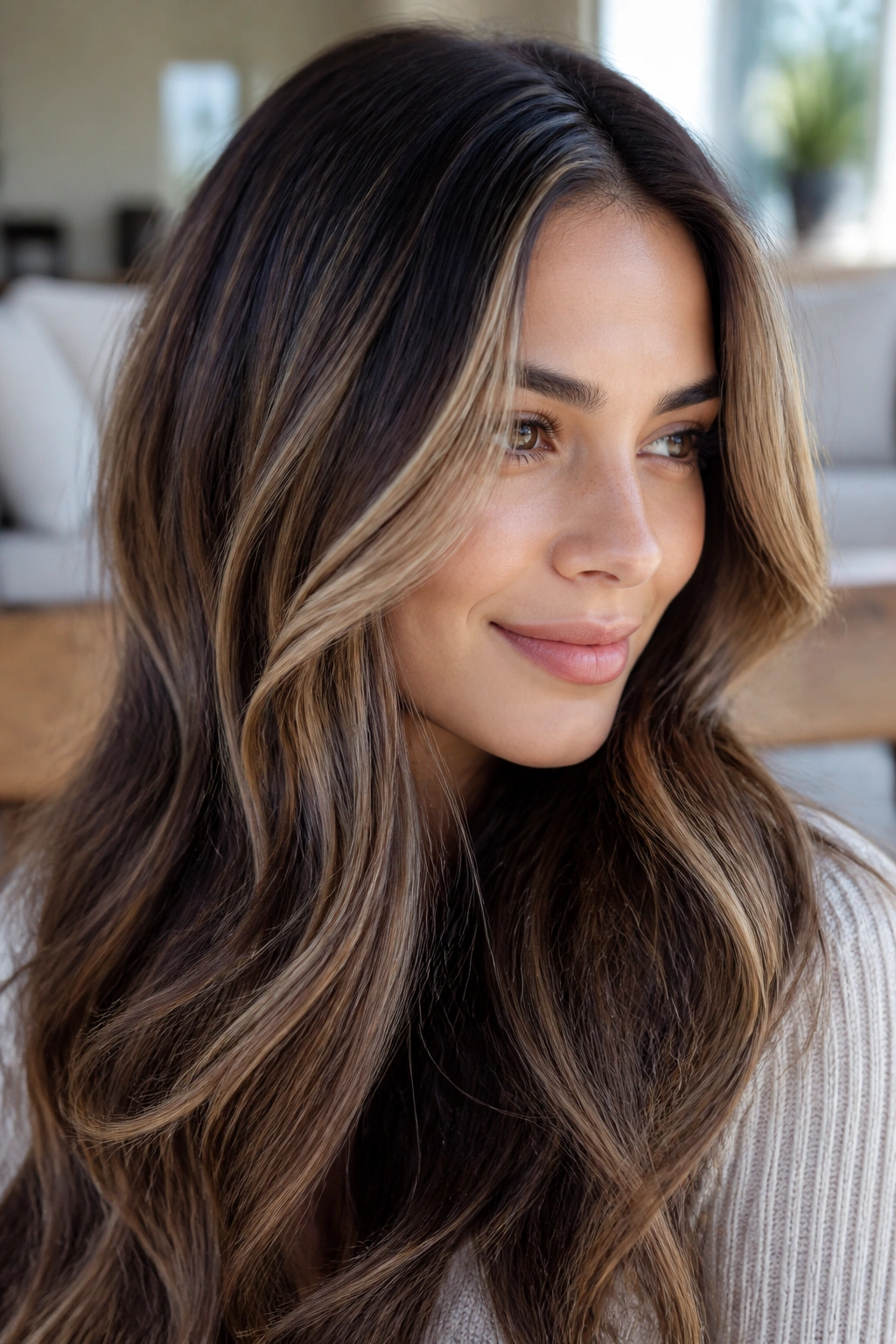Close-up of brunette with vanilla chai ribbons in hair