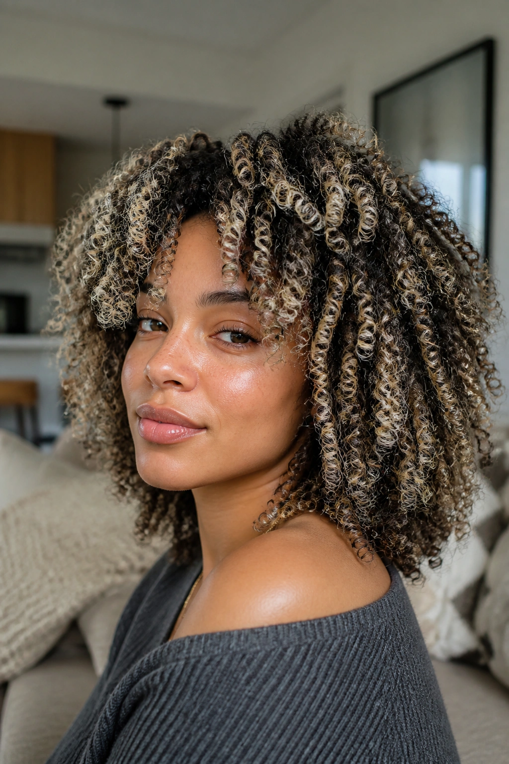 Close-up of a real woman with dark coils and vanilla cream balayage.