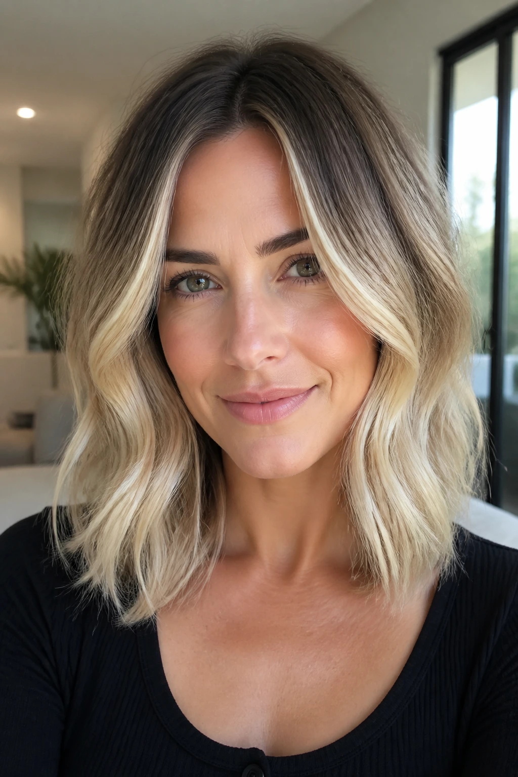 Portrait of a real person with vanilla cream balayage and a shadow root.
