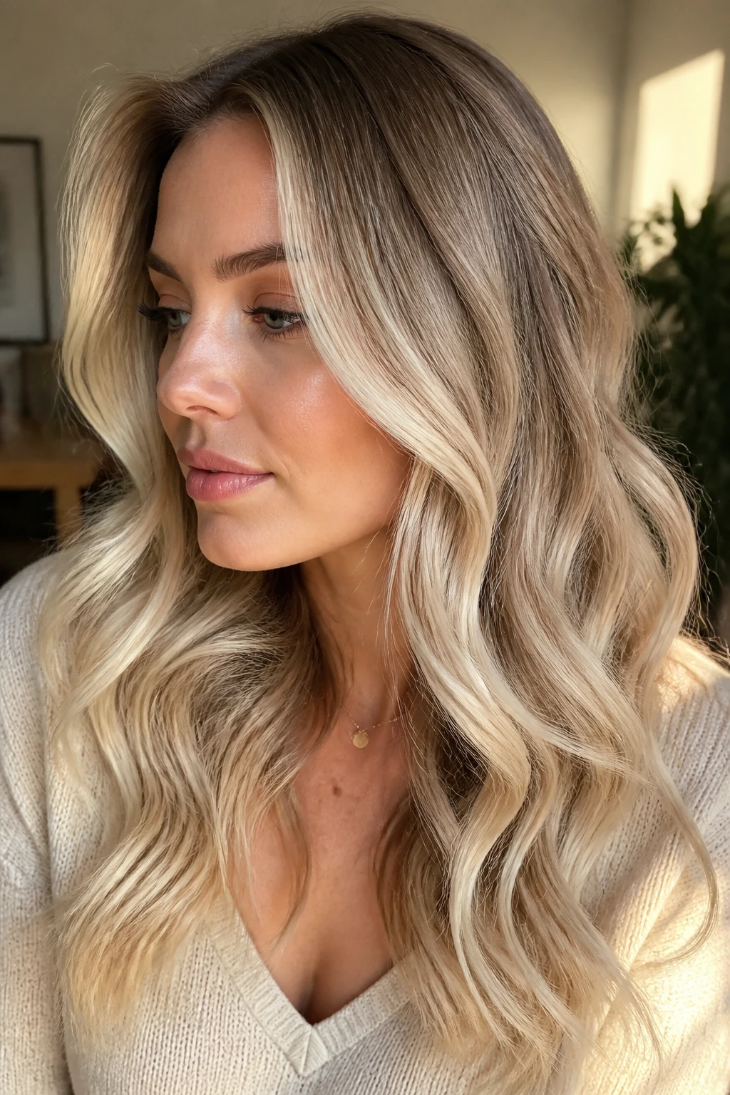 Close-up portrait of a real woman with vanilla cream balayage in soft waves under sunlit light.