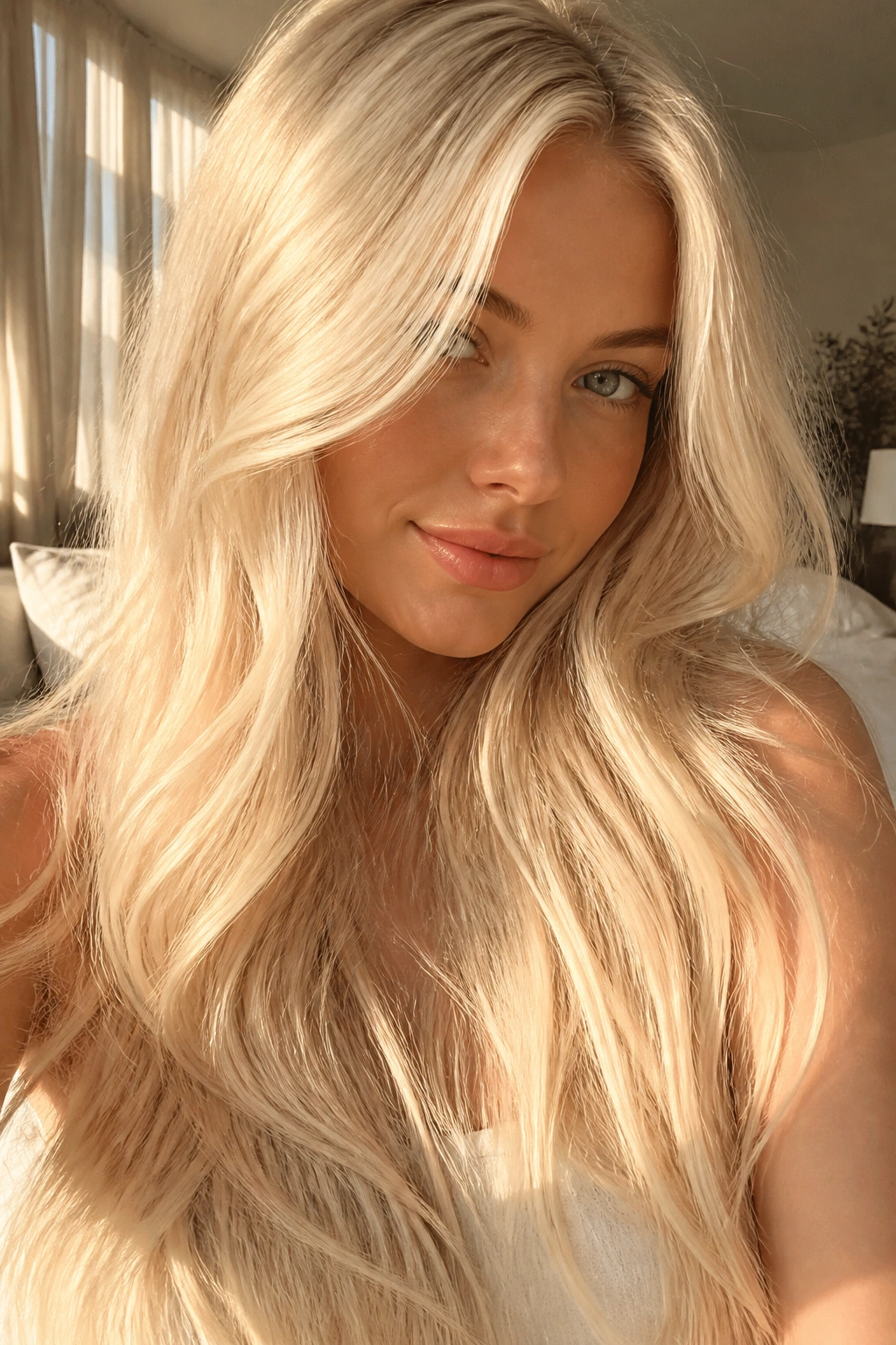 Close-up of a real woman with vanilla cream blonde long hair