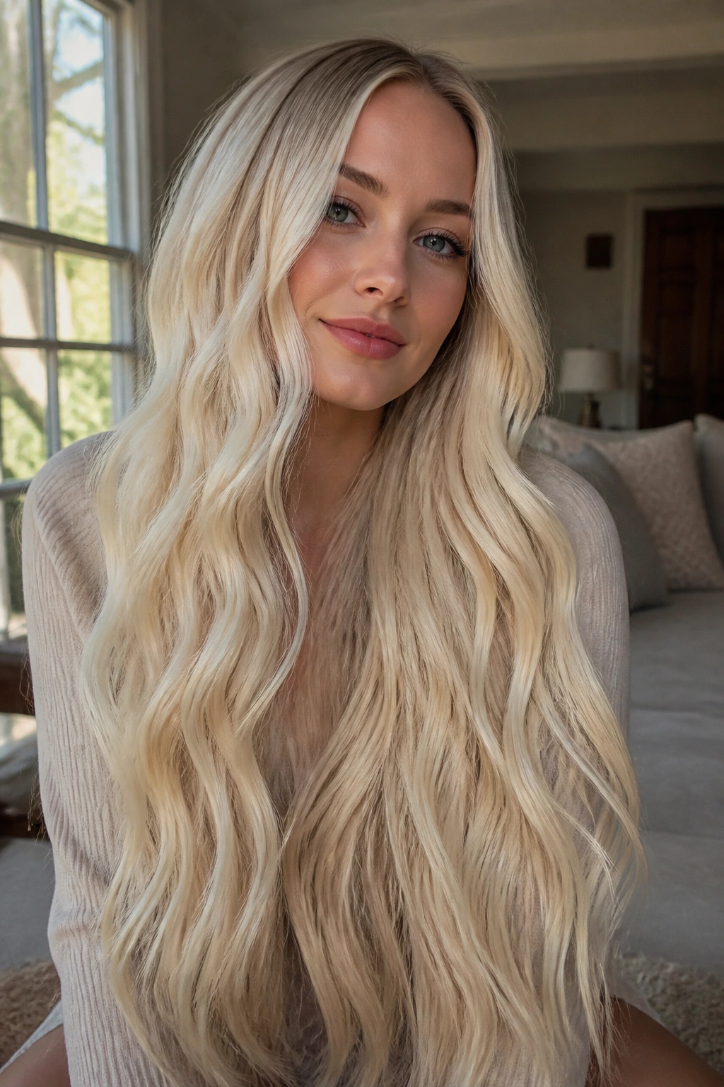 Close-up of a real woman with vanilla cream blonde waist-length hair